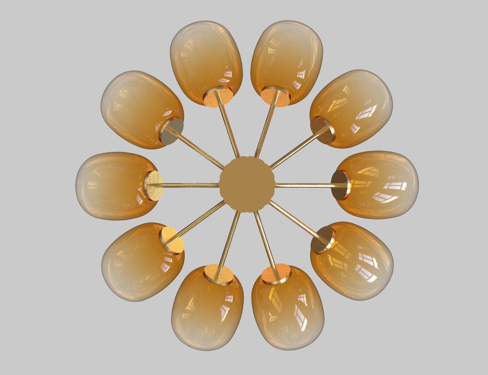 Modern 10 Module Branched Candy Chandelier with Hand-blown Glass and Brass For Sale