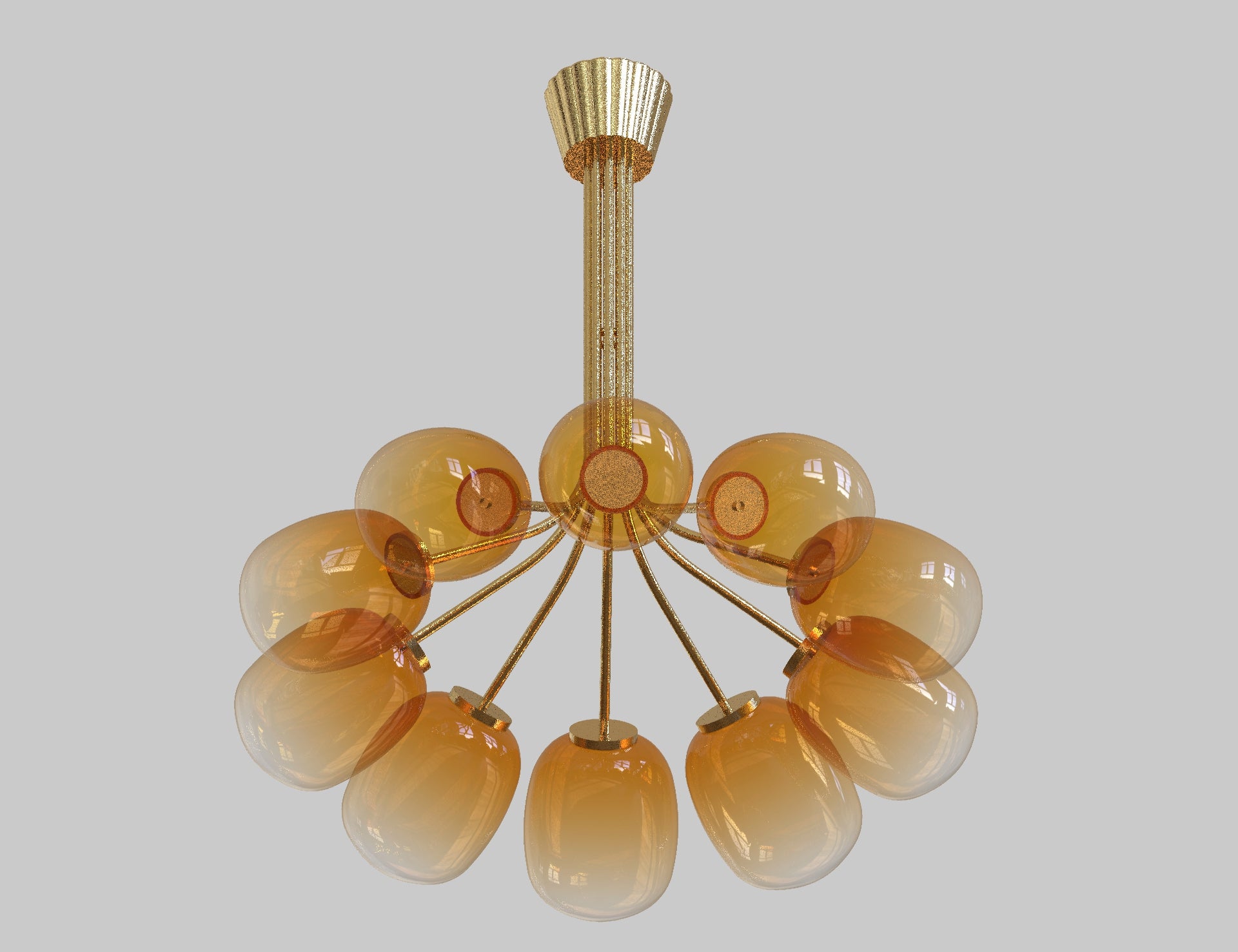 10 Module Branched Candy Chandelier with Hand-blown Glass and Brass For Sale