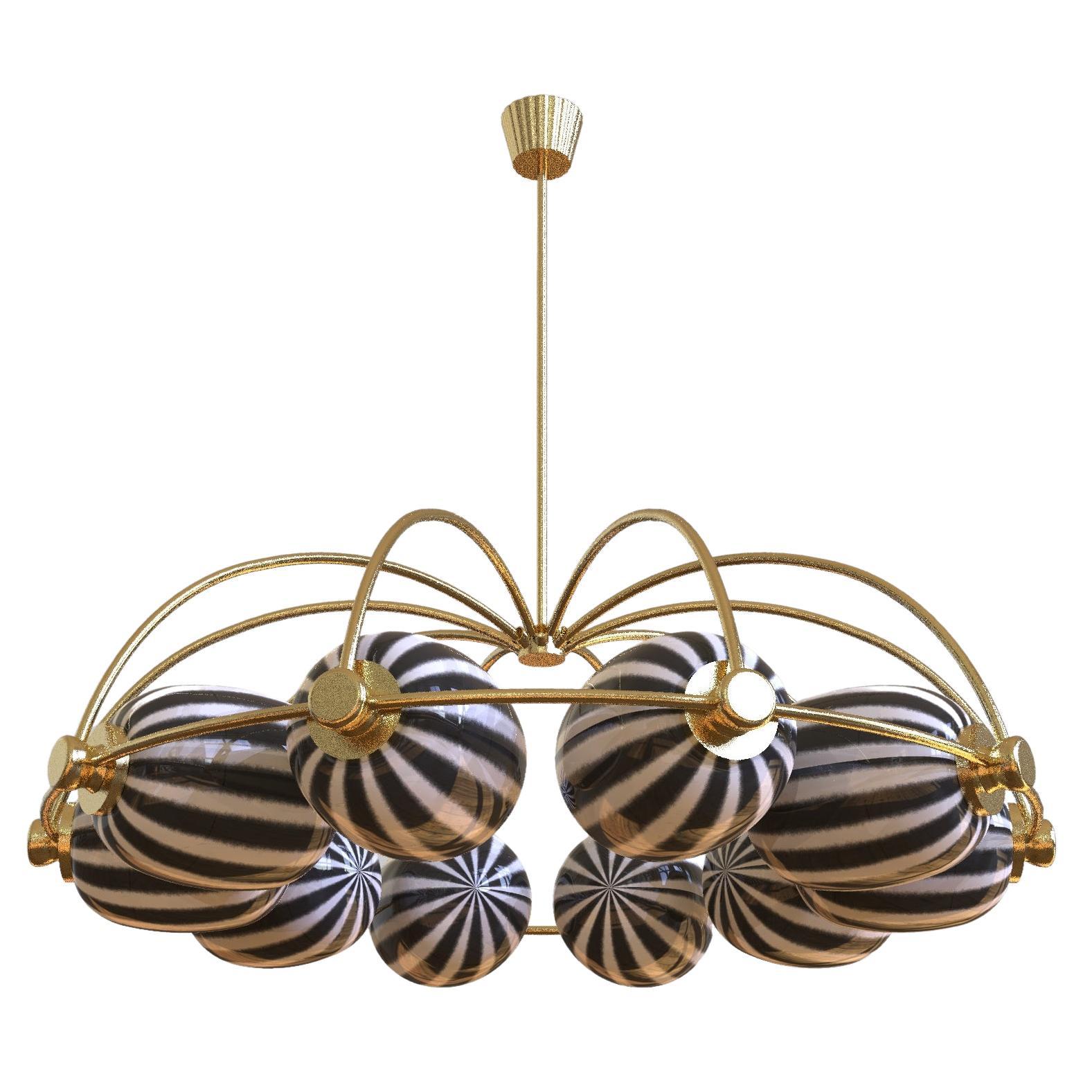 10 Module Bullseye Candy Umbrella Chandelier with Brass and Blown Glass For Sale