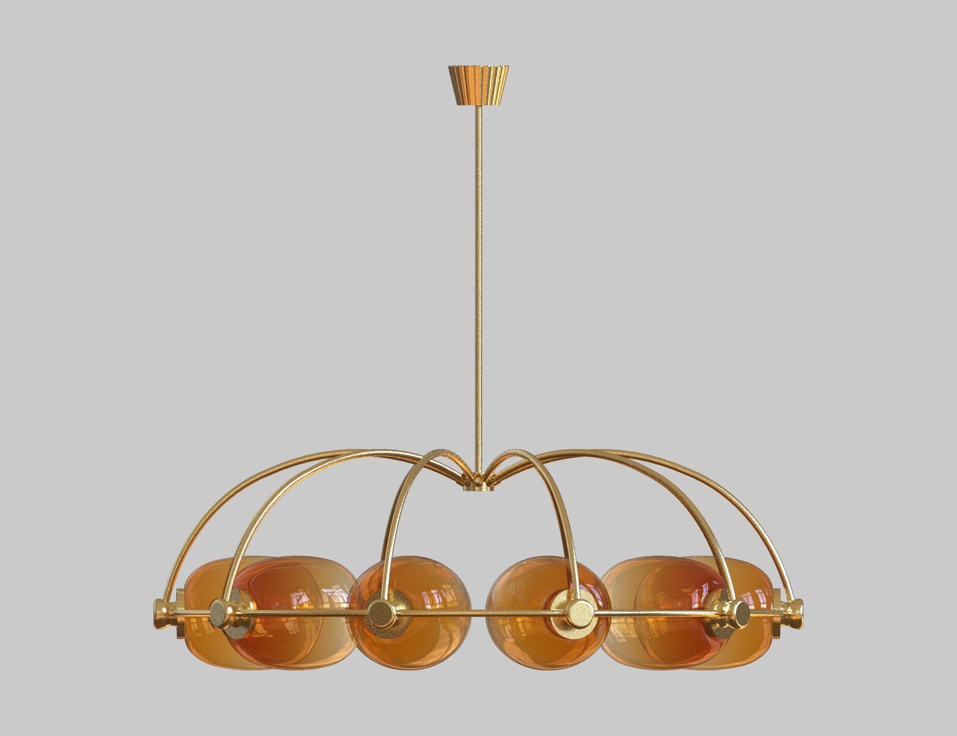 Modern 10 Module Umbrella Candy Chandelier with Brass and Hand Blown Glass For Sale