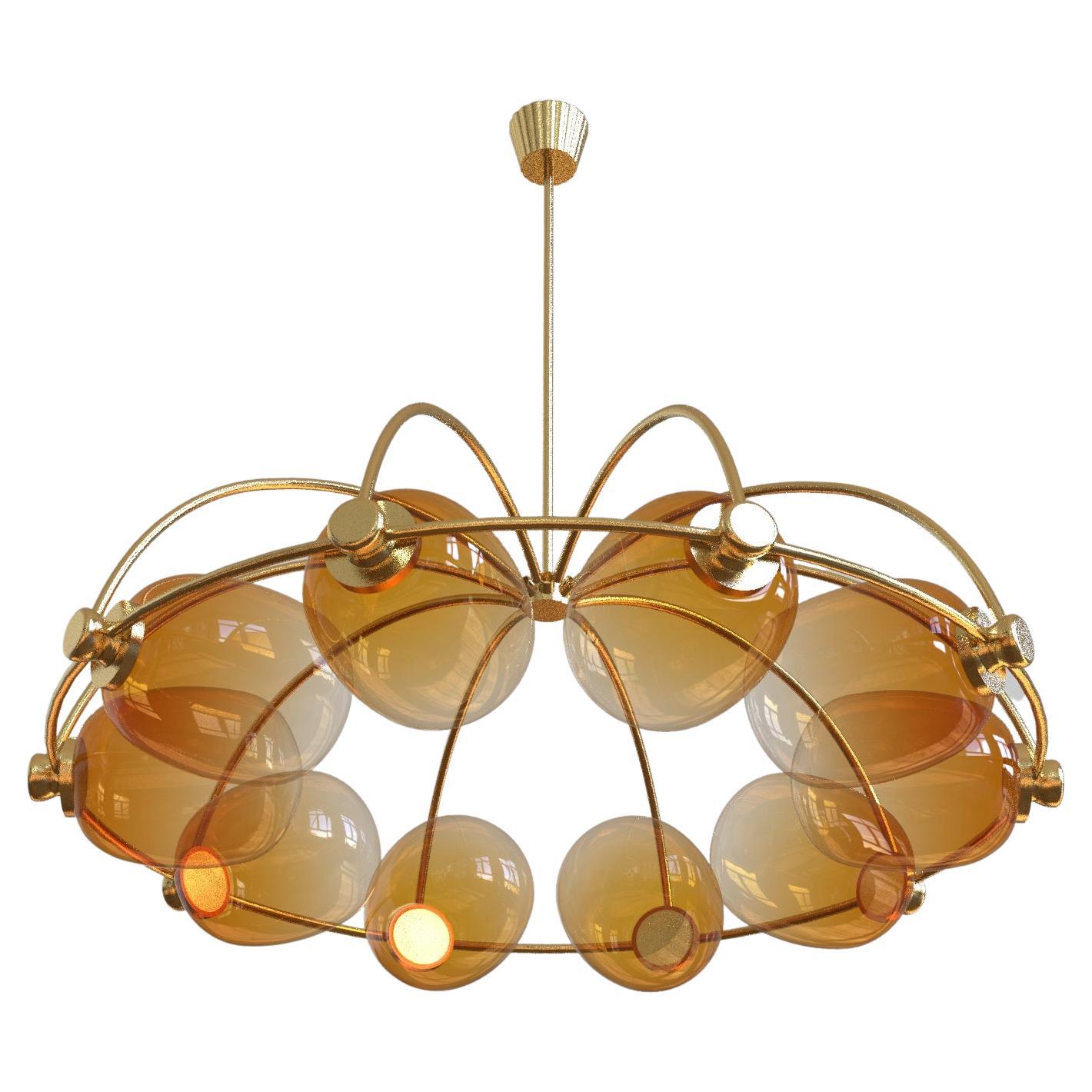 10 Module Umbrella Candy Chandelier with Brass and Hand Blown Glass For Sale