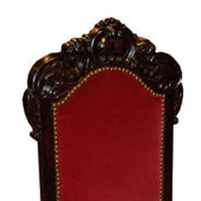 Neo Renaissance Dining Chairs – 10 ornately carved solid oak chairs with red velvet upholstery. Austro-Hungarian circa 1860/80. Part of suite with Buffet E11/18, Vitrine E11/18-1, Table E11/18-2, Credenza E11/18-4. Price is per chair.