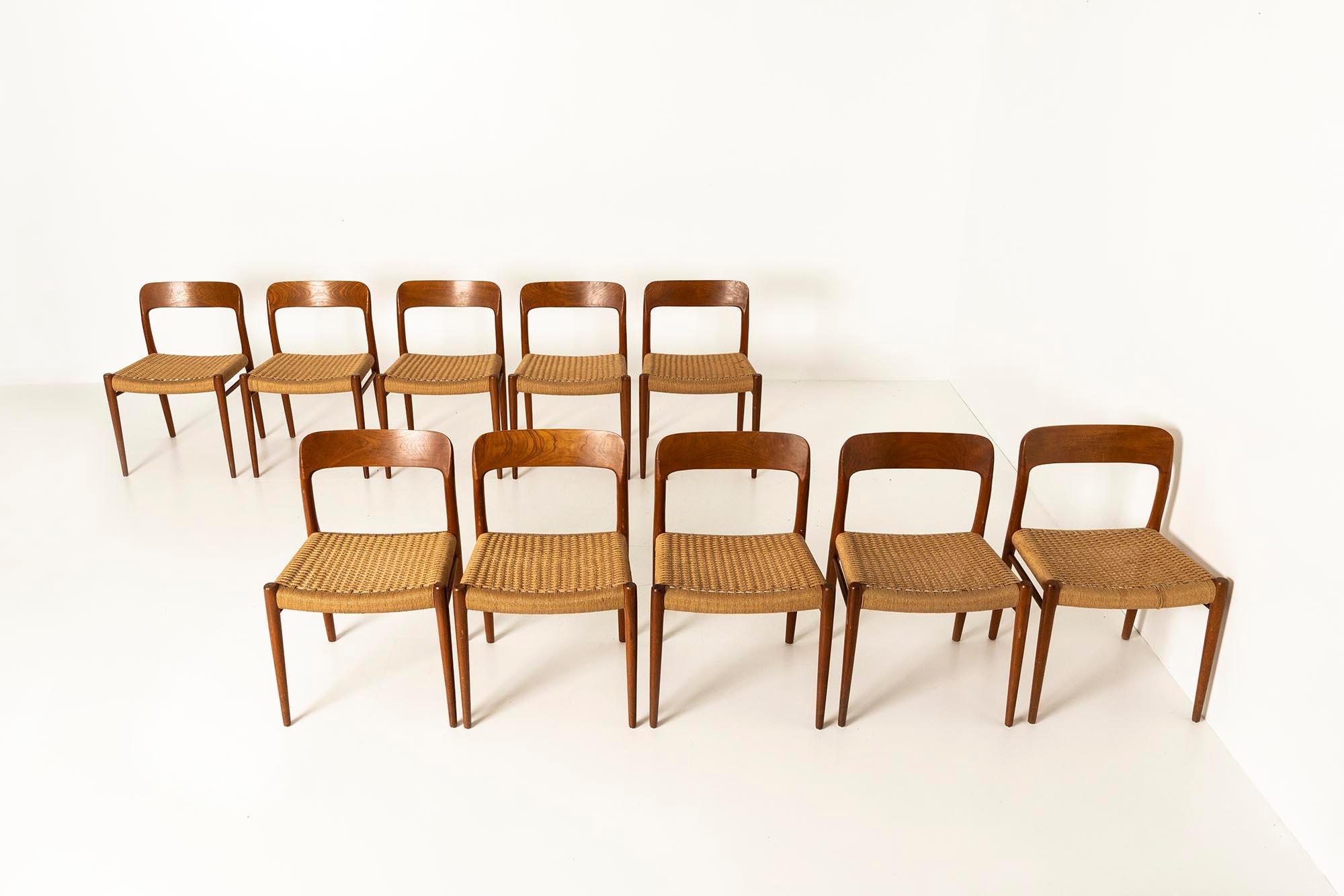 10 Niels Otto Møller 'Model 75' Chairs in Teak and Danish Paper Cord, 1960s In Good Condition For Sale In Hellouw, NL