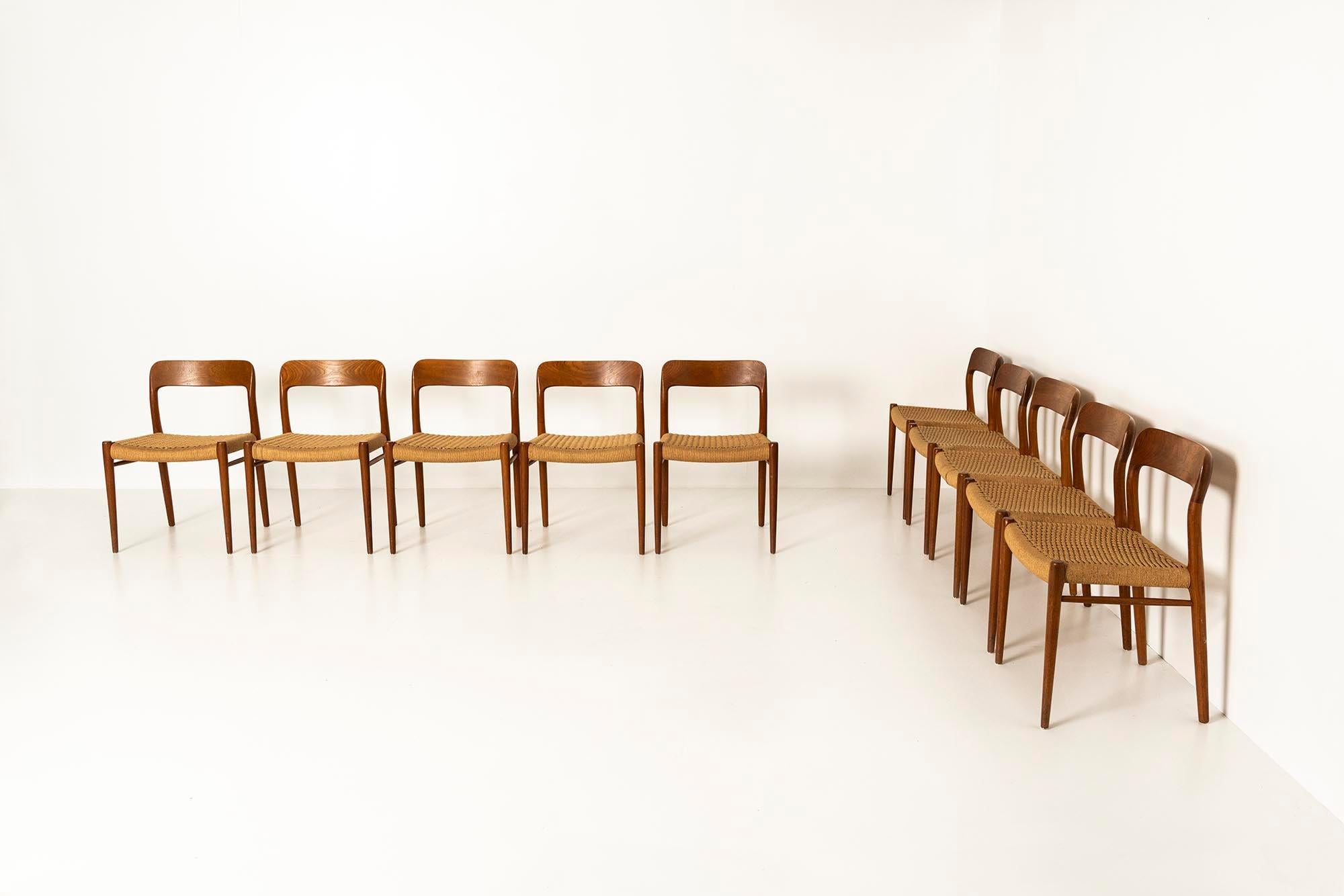 Mid-20th Century 10 Niels Otto Møller 'Model 75' Chairs in Teak and Danish Paper Cord, 1960s For Sale
