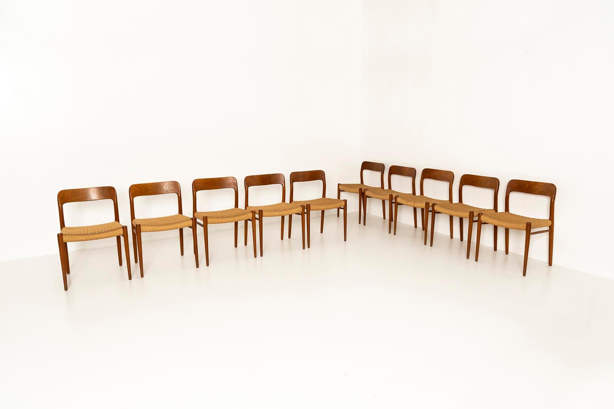 Papercord 10 Niels Otto Møller 'Model 75' Chairs in Teak and Danish Paper Cord, 1960s For Sale