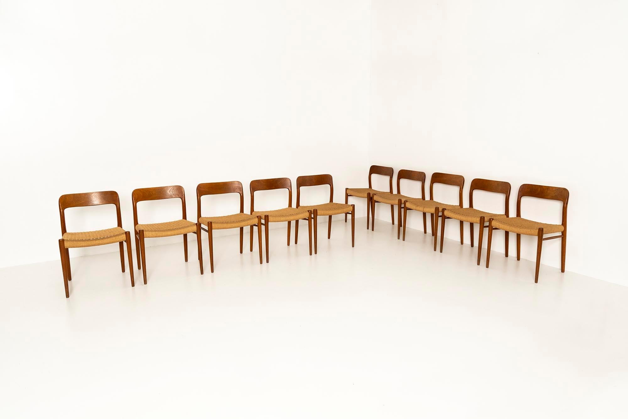 Papercord 10 Niels Otto Møller 'Model 75' Chairs in Teak and Danish Paper Cord, 1960s