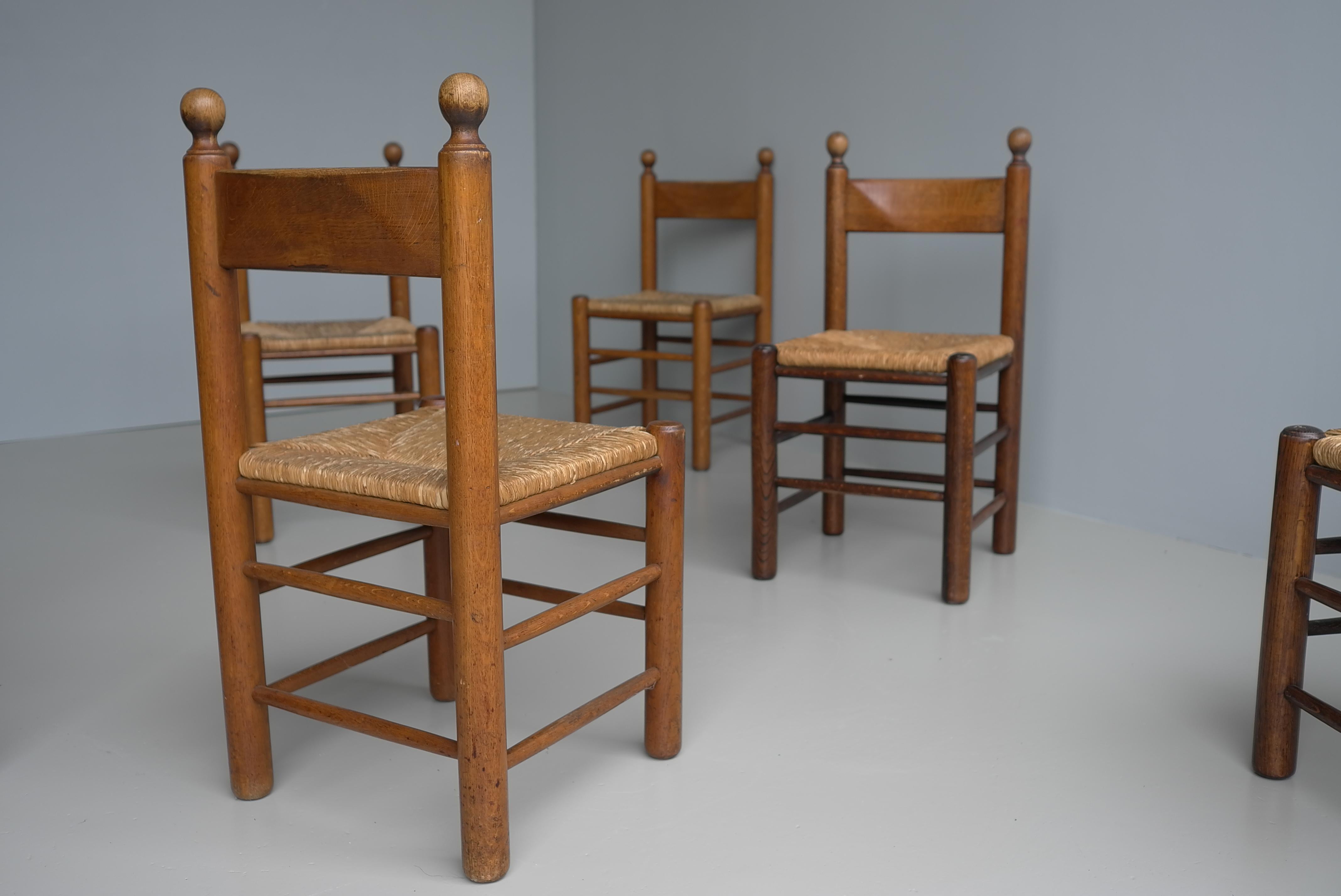 12 Oak and Rush Chairs in Style of Charles Dudouyt , France 1960's For Sale 4