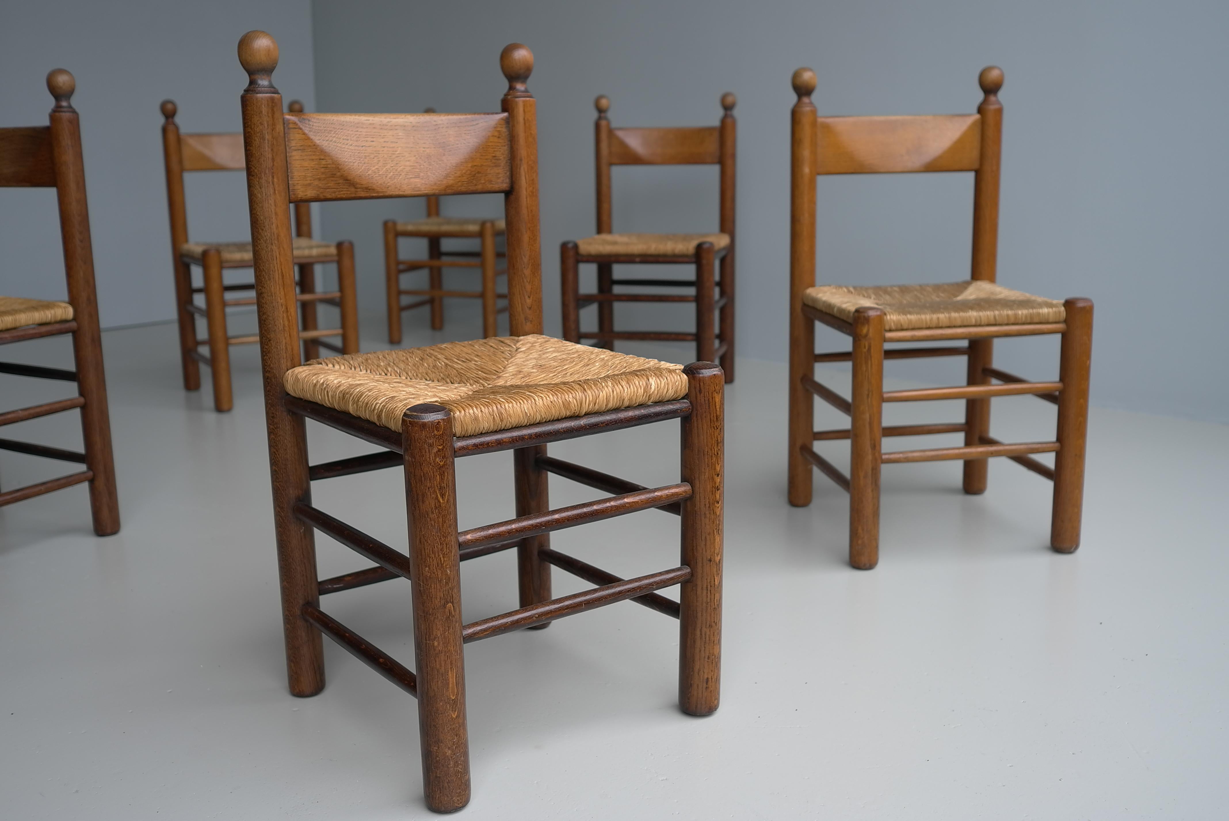 Mid-Century Modern 12 Oak and Rush Chairs in Style of Charles Dudouyt , France 1960's For Sale