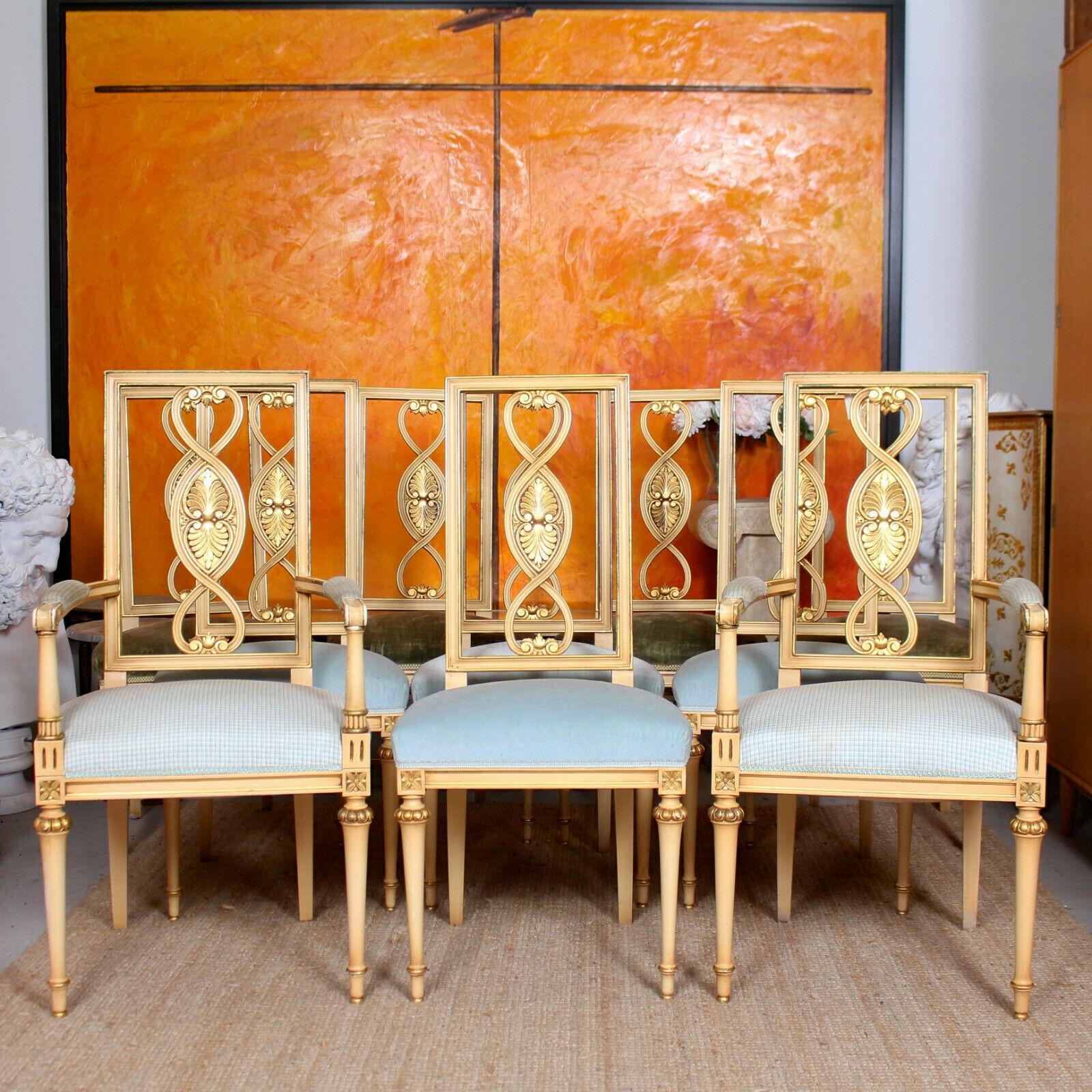 An impressive set of ten early 20th century gilt painted Italian dining chairs originally retailed by Maple & Co.

Offered in good condition though the seats require re-upholstery.

Italy, circa 1920.