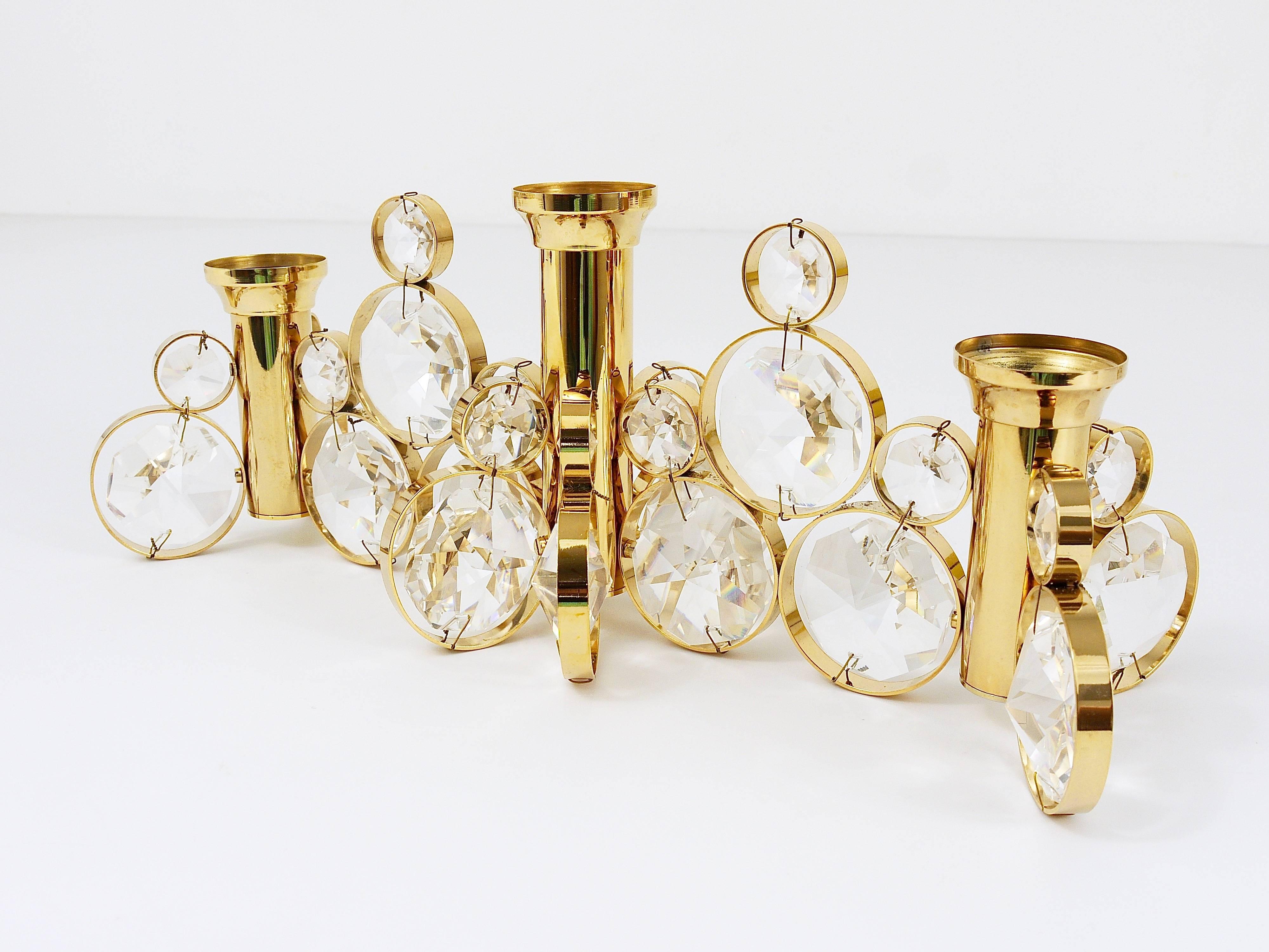 5x Palwa Gaetano Sciolari Style Brass & Crystal Candle Holder Candlestick, 1970s For Sale 2