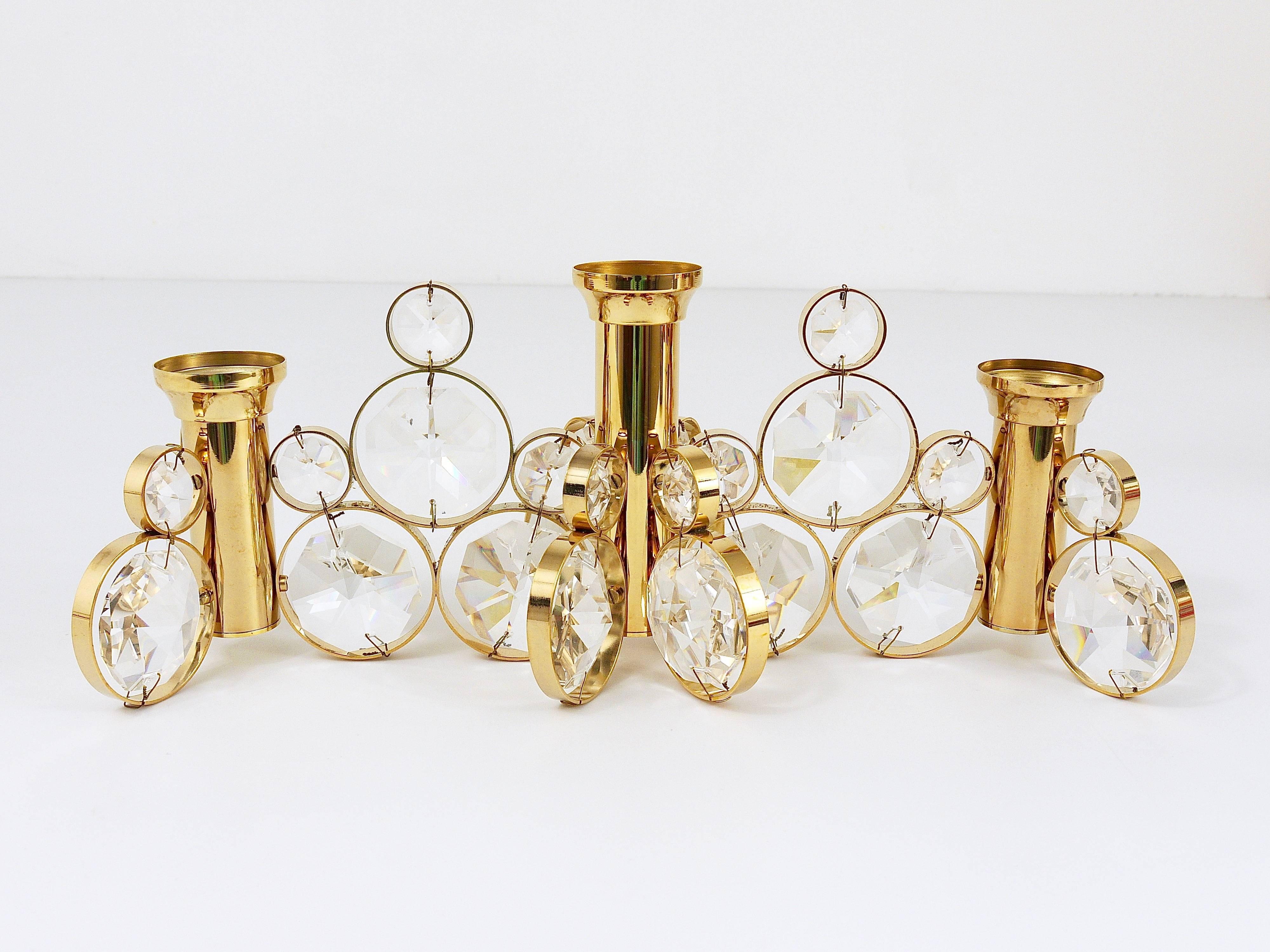 20th Century 5x Palwa Gaetano Sciolari Style Brass & Crystal Candle Holder Candlestick, 1970s For Sale