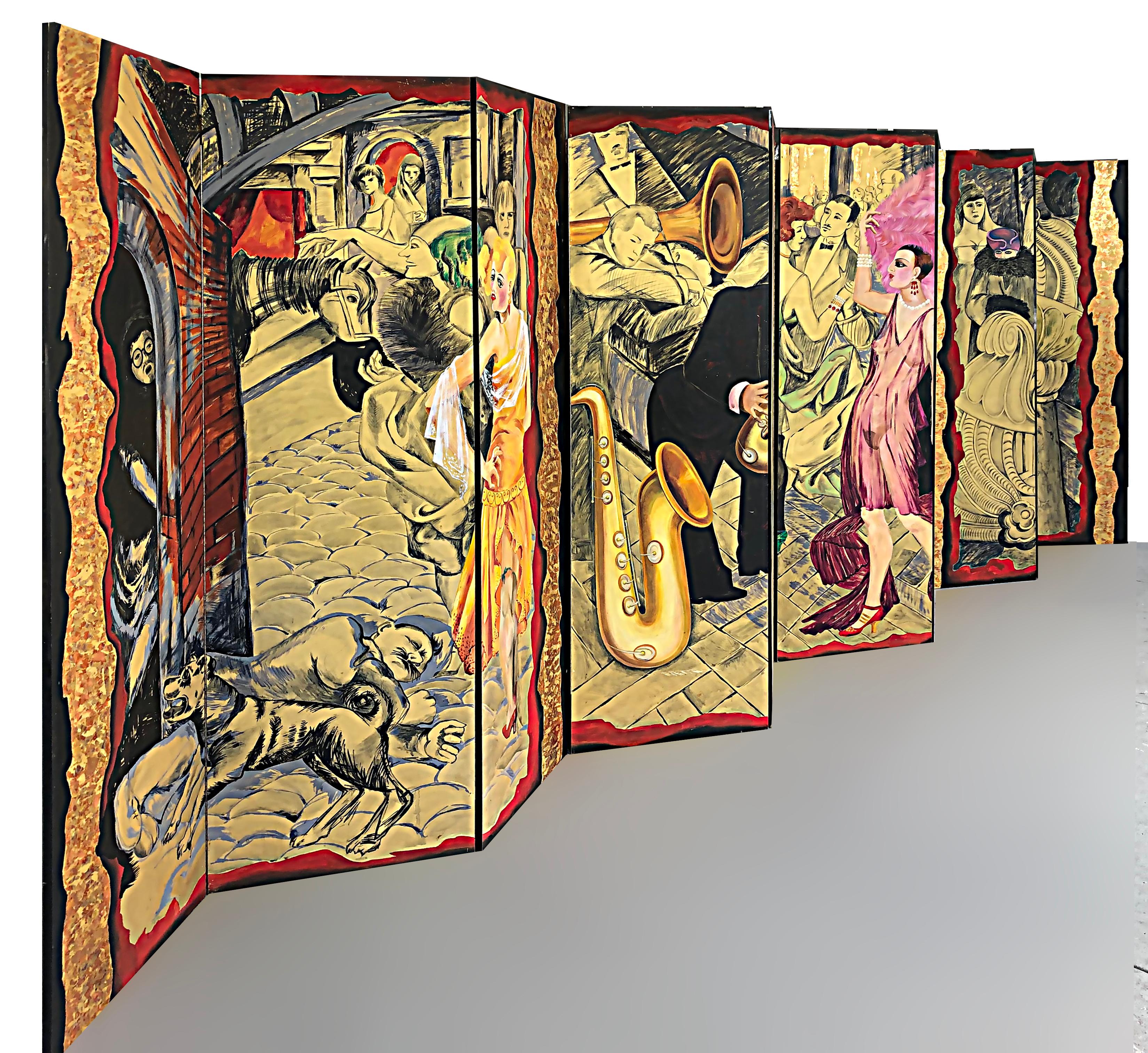 10 Panel hand-painted screen after Otto Dix's Painting Metropolis.

Offered for sale is a 10-panel hand-painted screen after Otto Dix's original painting 