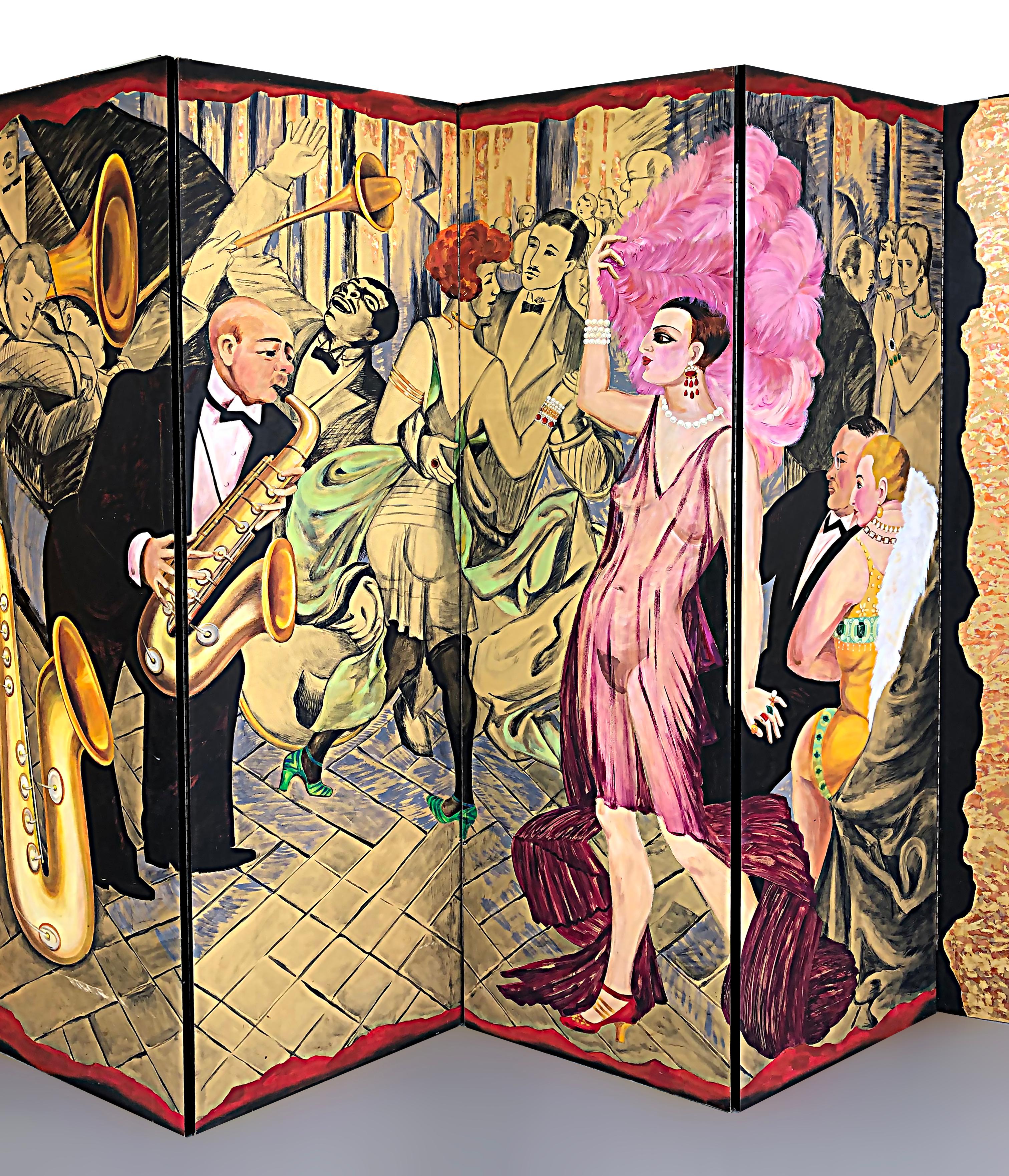 Art Deco 10 Panel Hand-Painted Screen After Otto Dix's Painting Metropolis 