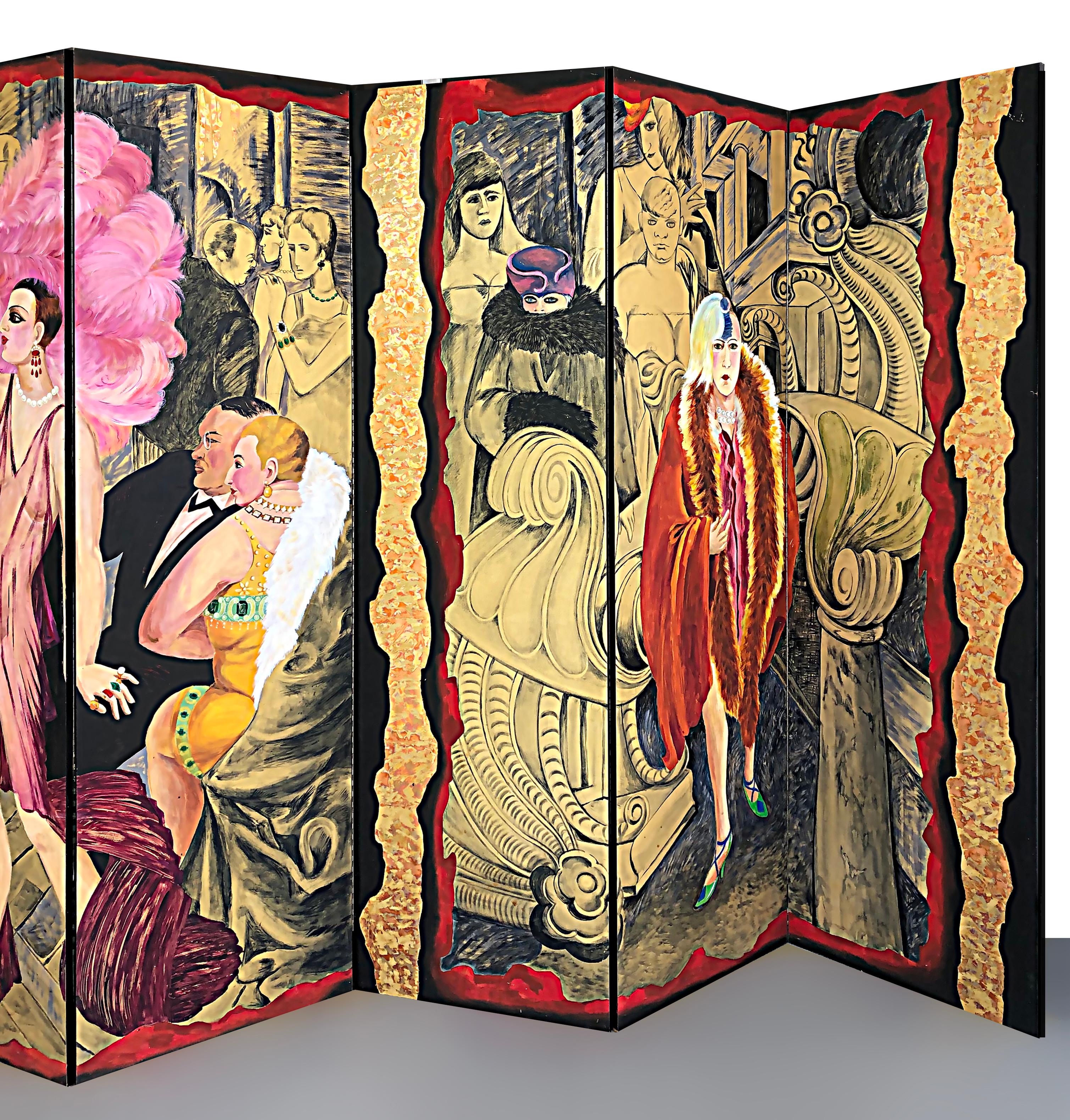 German 10 Panel Hand-Painted Screen After Otto Dix's Painting Metropolis 
