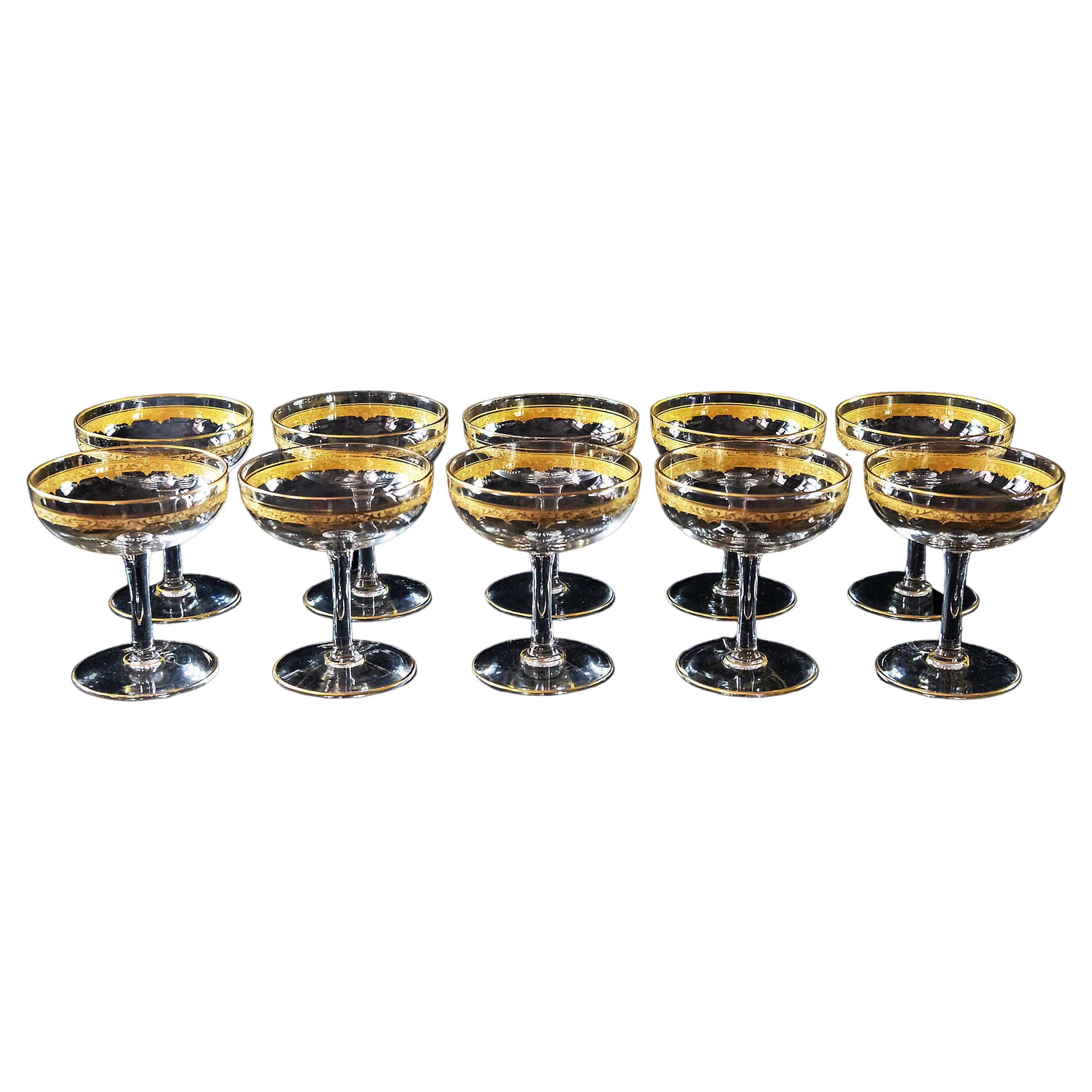 Set of 10 French Saint Louis ROTY collection champagne coupes from early of 20th century.
Old production (before 1936), no signature of the crystal factory.
Very good/excellent condition.

