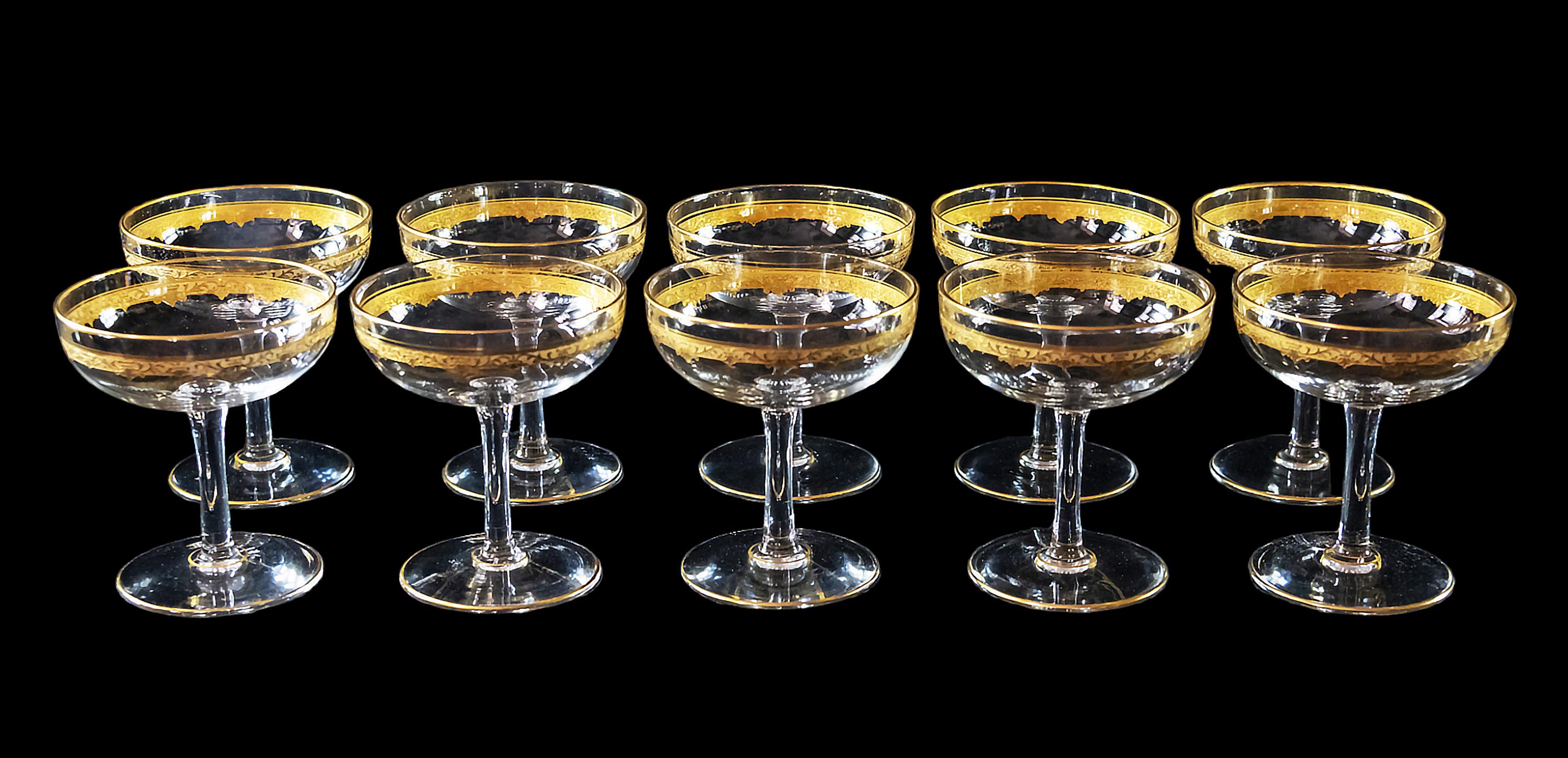 French 10 Pcs. Set of Saint Louis Roty Collection Gilt Crystal Champagne Coupes For Sale