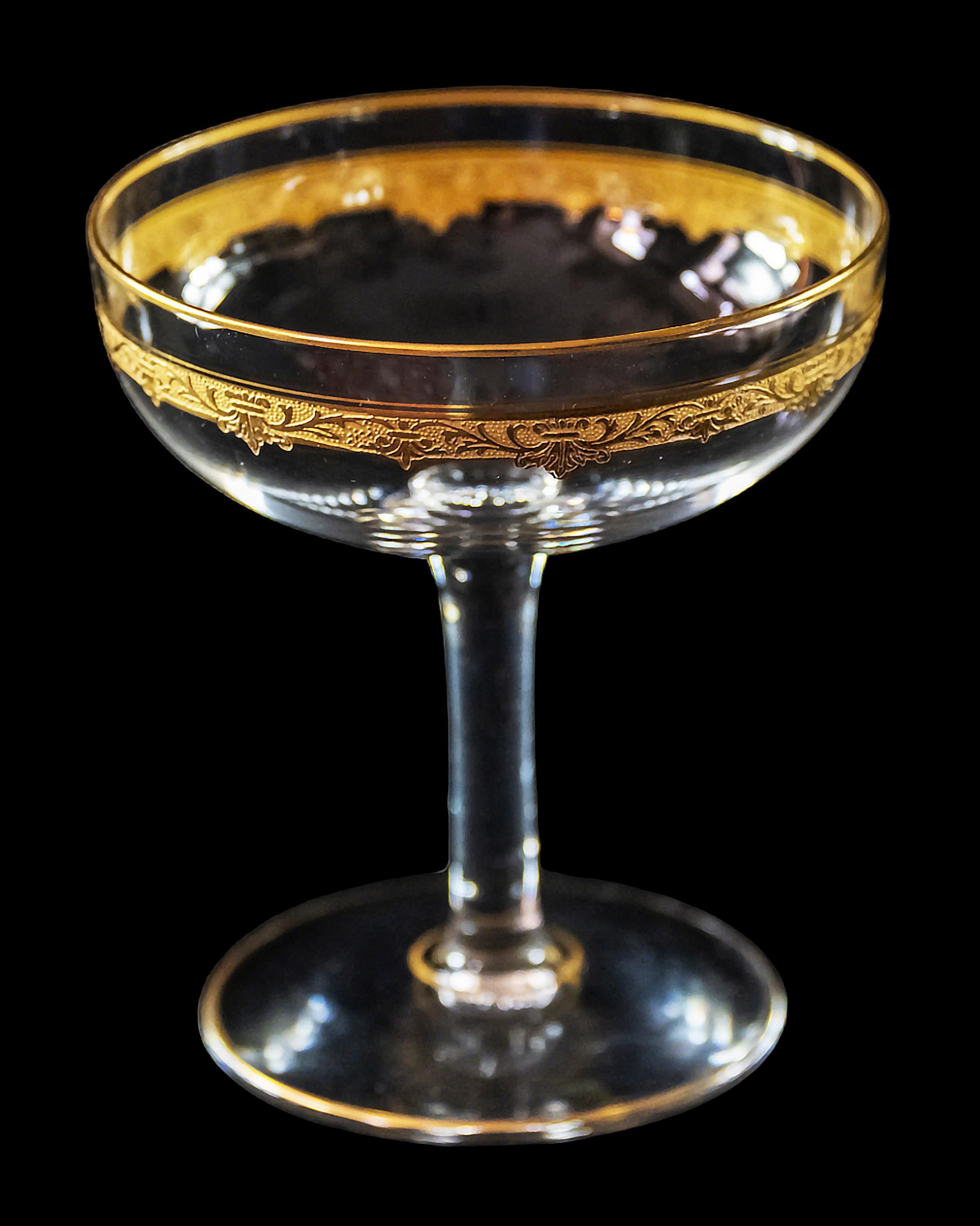 Hand-Crafted 10 Pcs. Set of Saint Louis Roty Collection Gilt Crystal Champagne Coupes For Sale