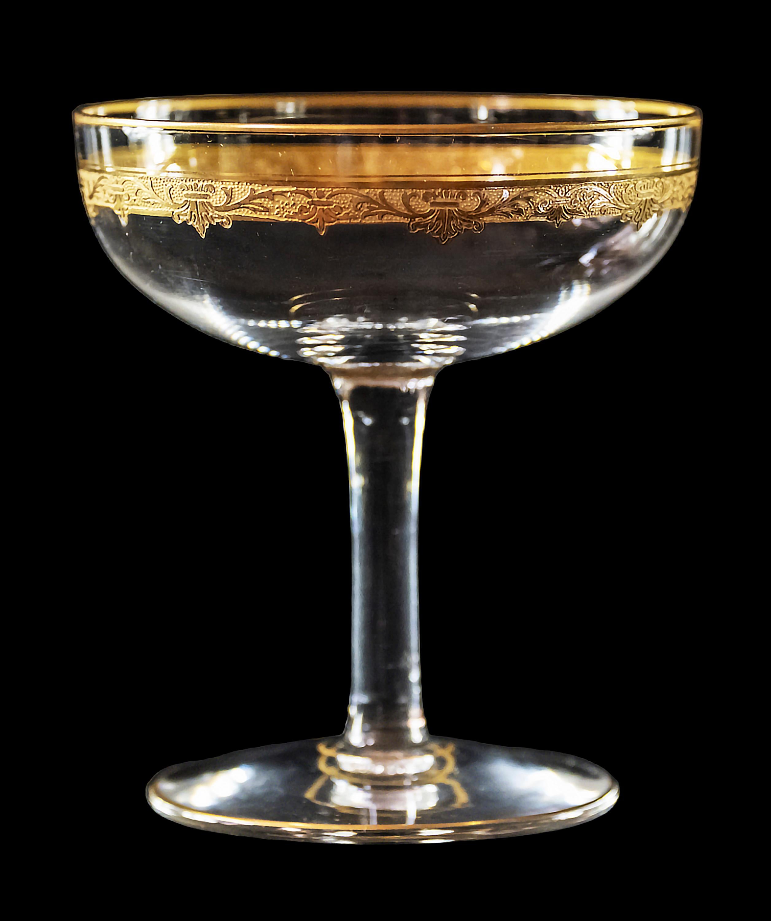 10 Pcs. Set of Saint Louis Roty Collection Gilt Crystal Champagne Coupes In Good Condition For Sale In Vilnius, LT