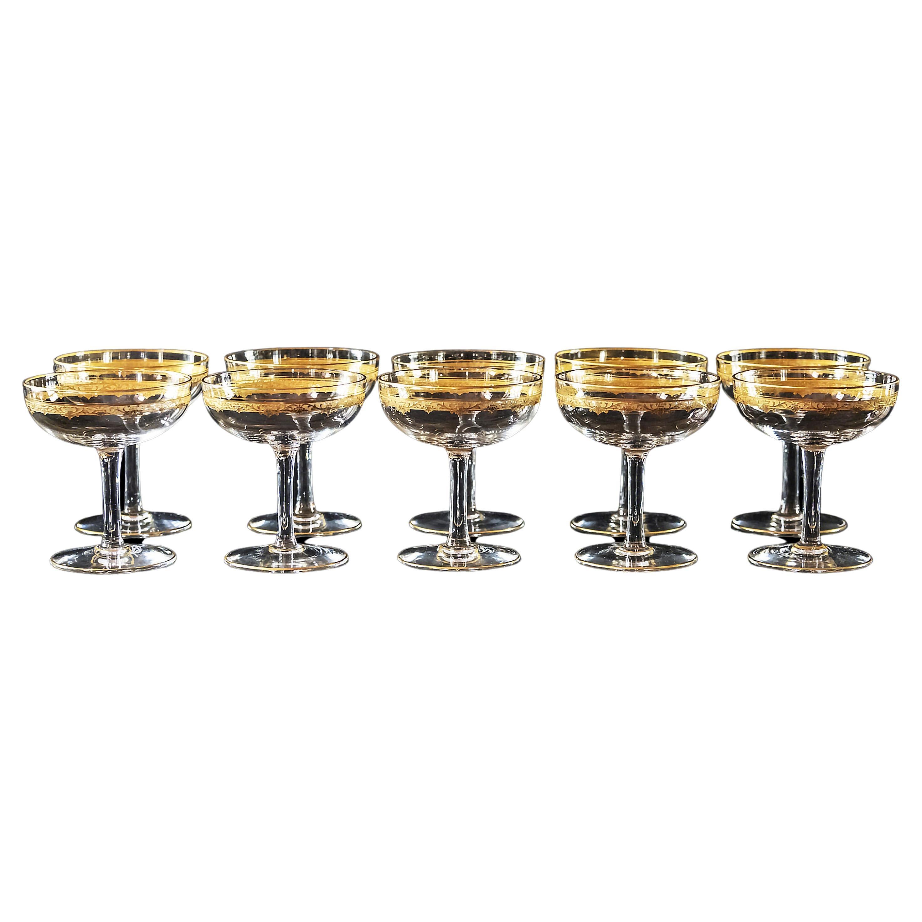 10 Pcs. Set of Saint Louis Roty Collection Gilt Crystal Champagne Coupes For Sale