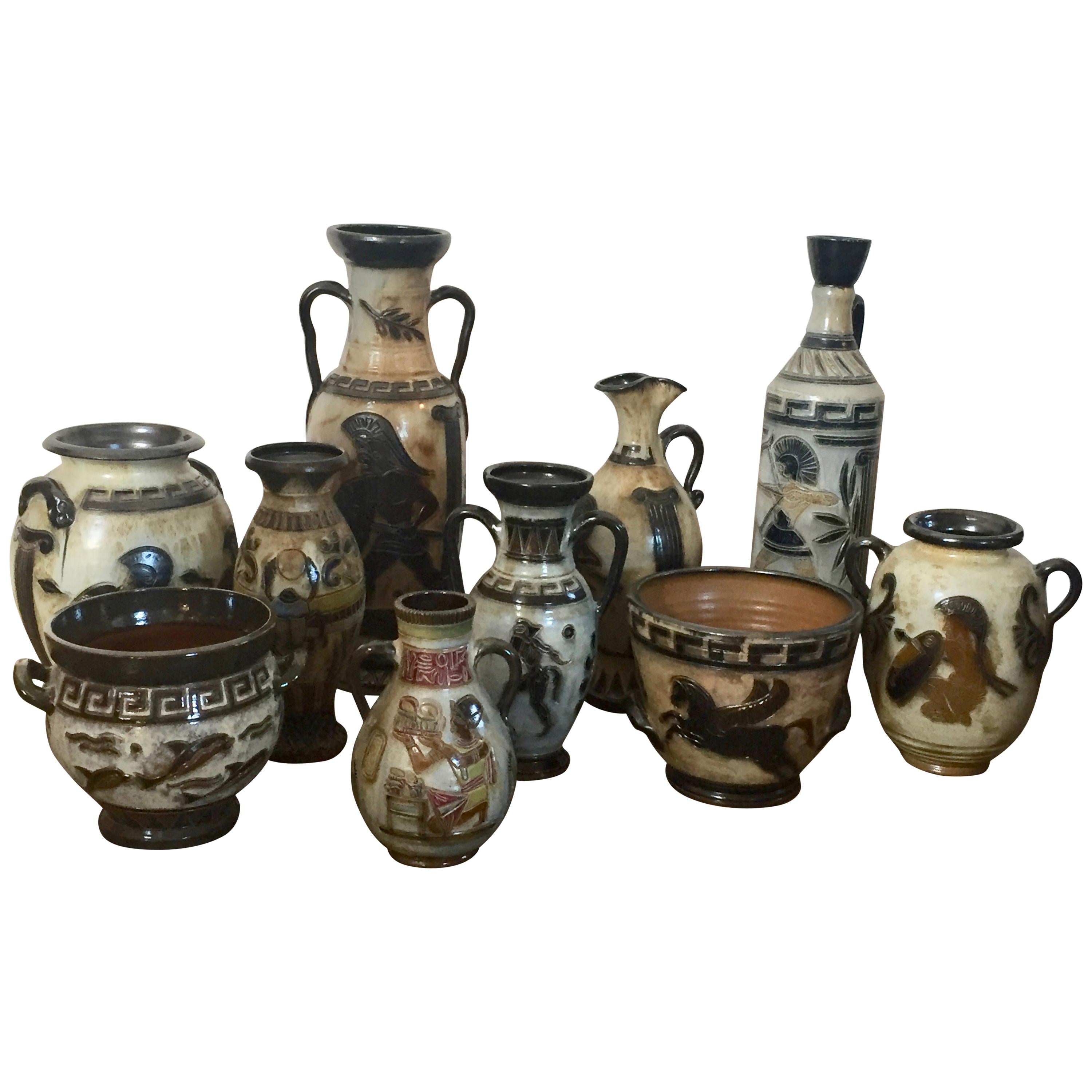 10-Piece Collection Guerin Bouffioulx Belgian Pottery Greek and Egyptian Designs For Sale