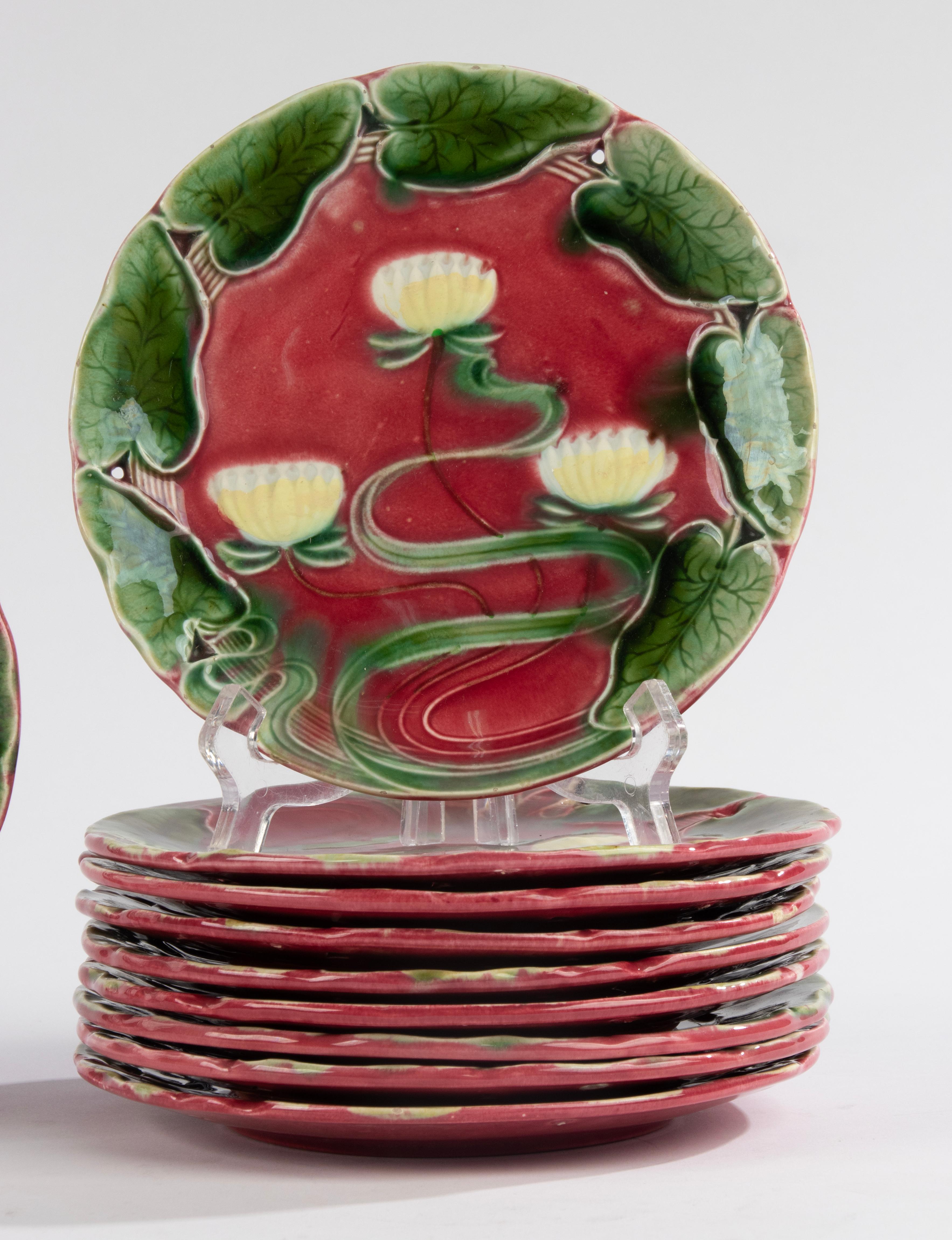 Ceramic 10-Piece Set Majolica Art Nouveau Plates - Water Lilly Pattern - Villeroy & Boch For Sale