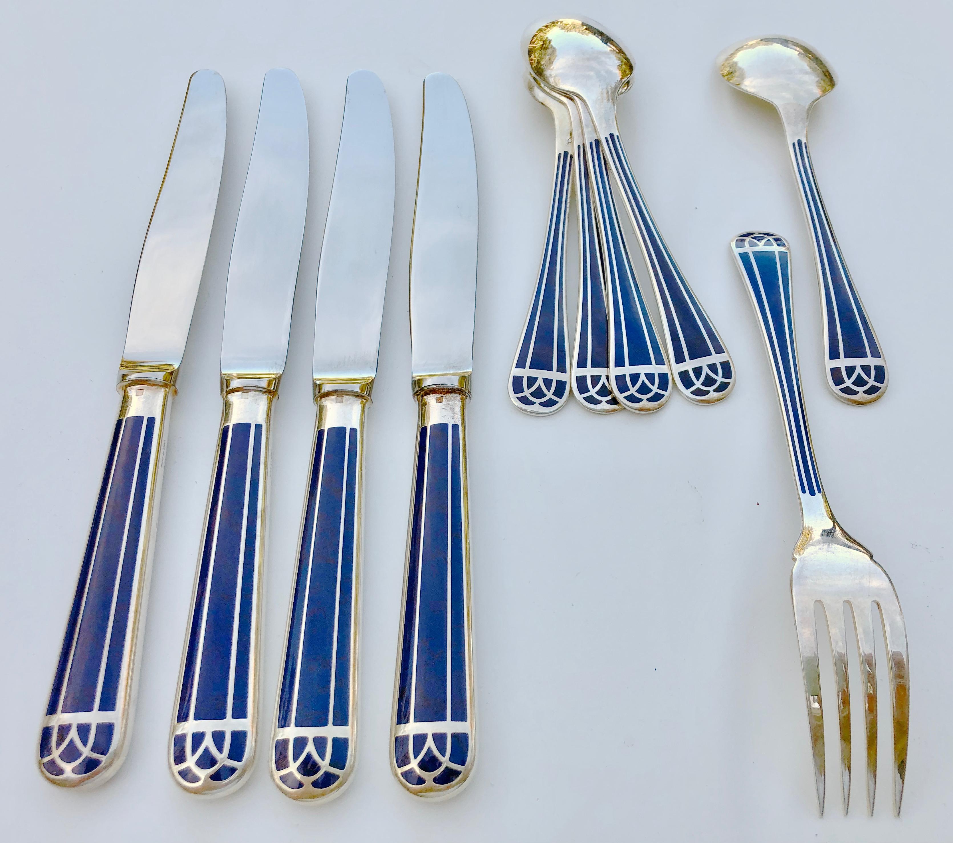 Fait main Ensemble de 10 pièces de Christofle Talisman Bleu en laque chinoise et argent plaqué