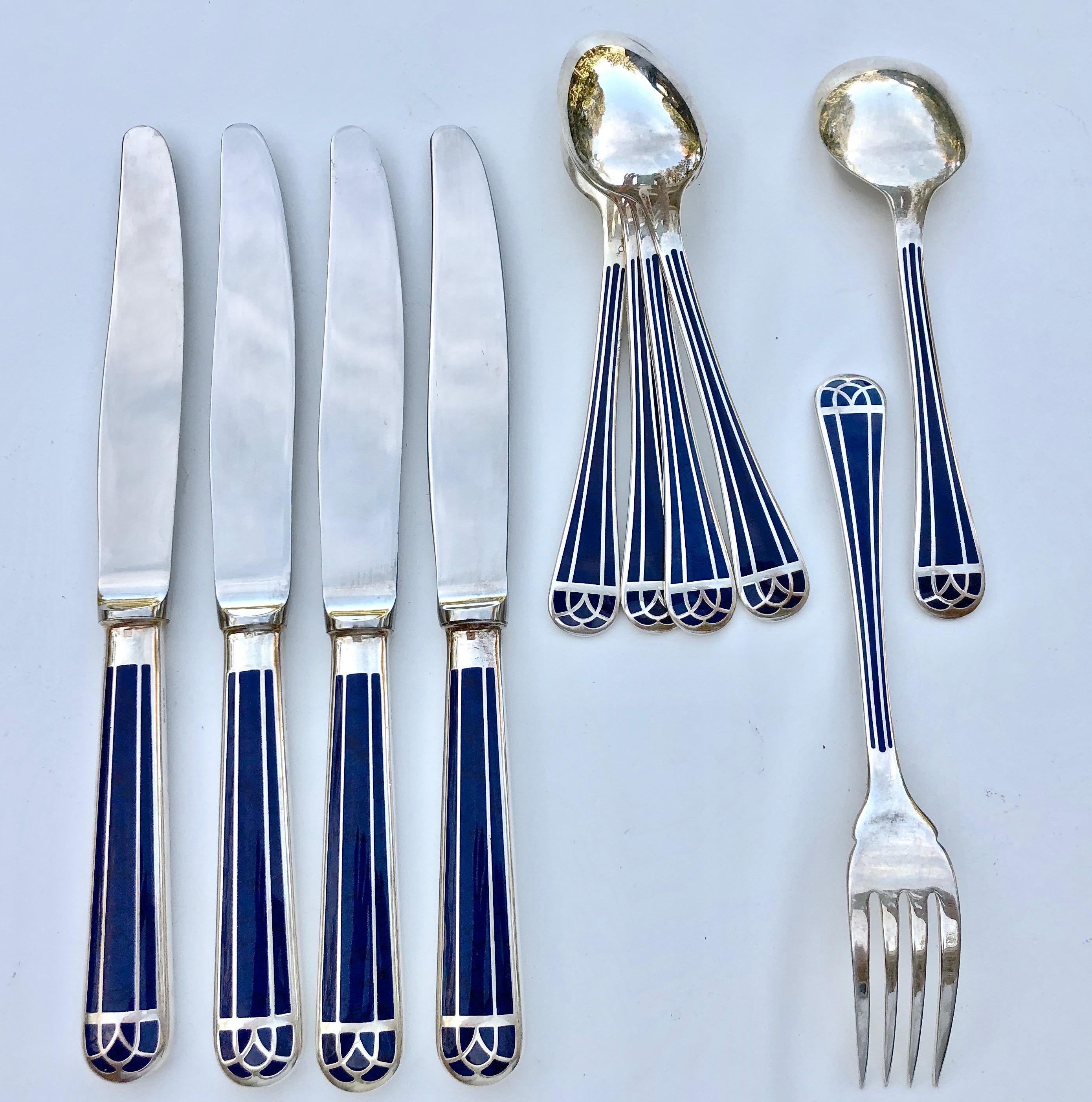 Ensemble de 10 pièces de Christofle Talisman Bleu en laque chinoise et argent plaqué Excellent état à Petaluma, CA