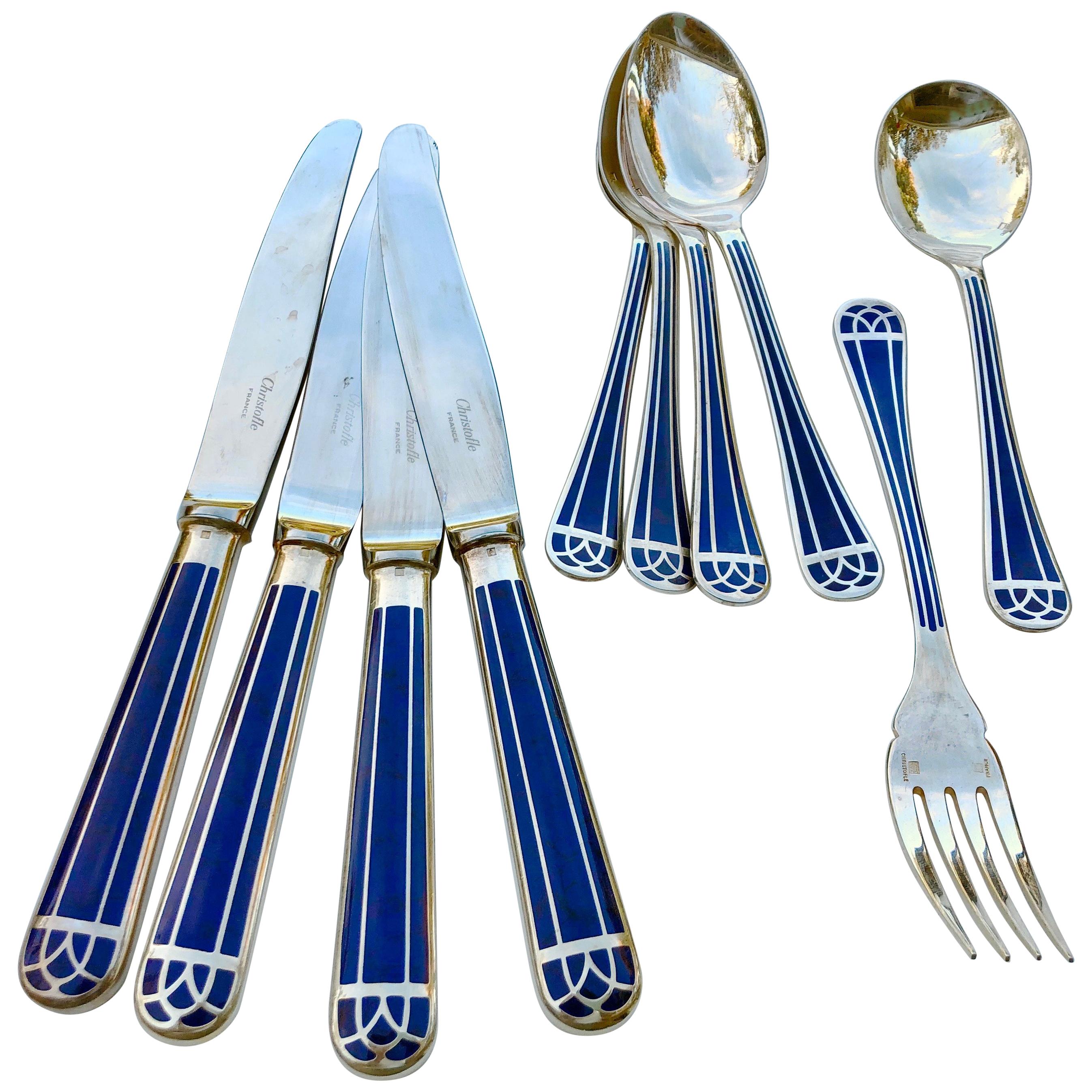 10 Piece Set of French Christofle "Talisman Bleu"Chinese Lacquer and Plated  Silver at 1stDibs