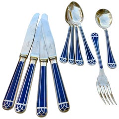 10 Piece Set of French Christofle "Talisman Bleu"Chinese Lacquer & Plated Silver