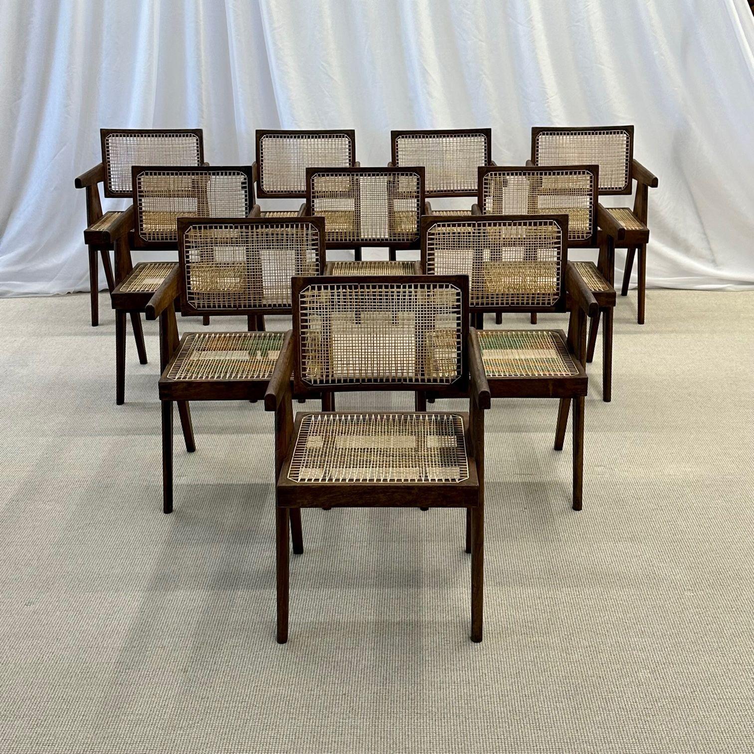 Set of Ten Pierre Jeanneret, attributed, Dining or Arm Chairs, French Mid-Century Modern, Floating Back

Each with markings indicating provenance - These are directly from Chandigarh, India. These chairs have been lightly washed and polished. The