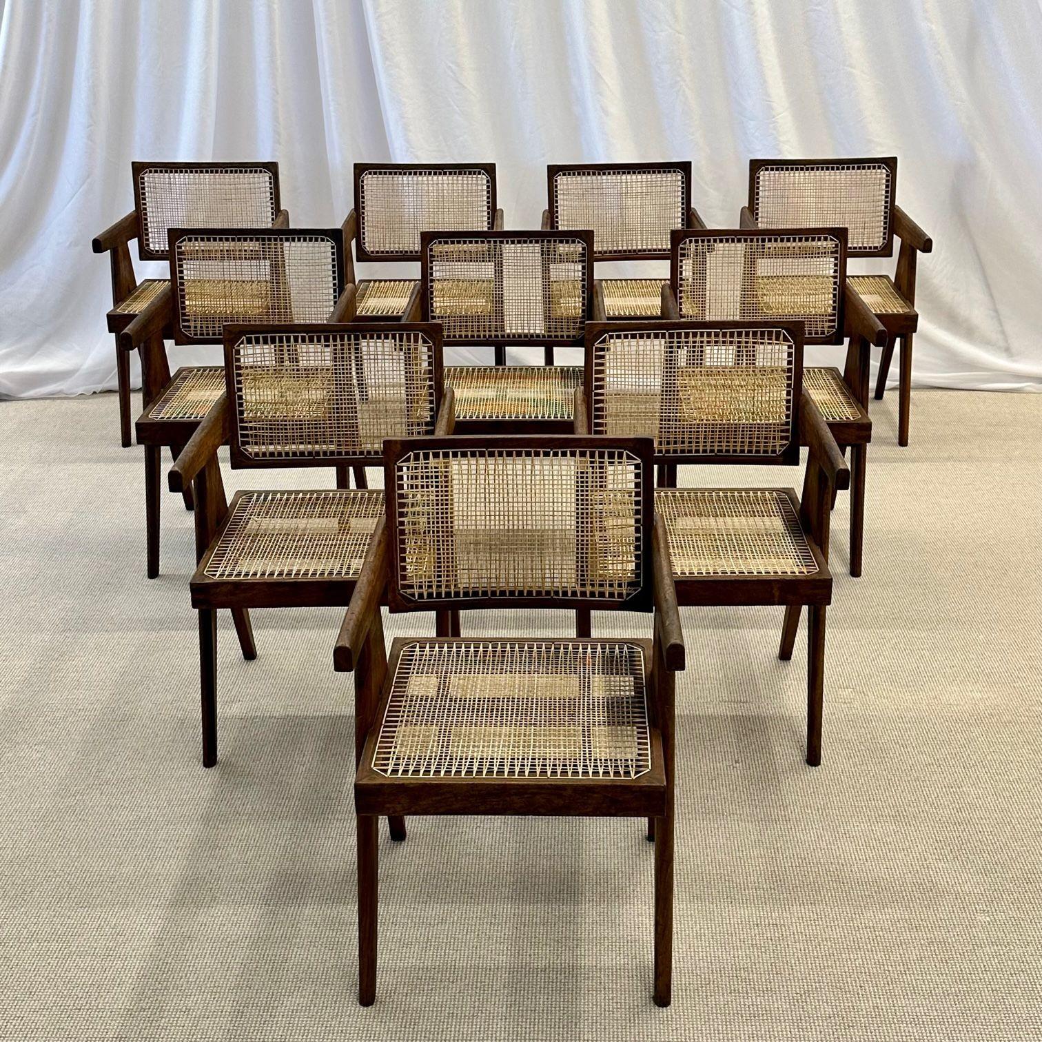 Mid-Century Modern  French Mid-Century, Ten Floating Back Dining Chairs, Teak, Cane