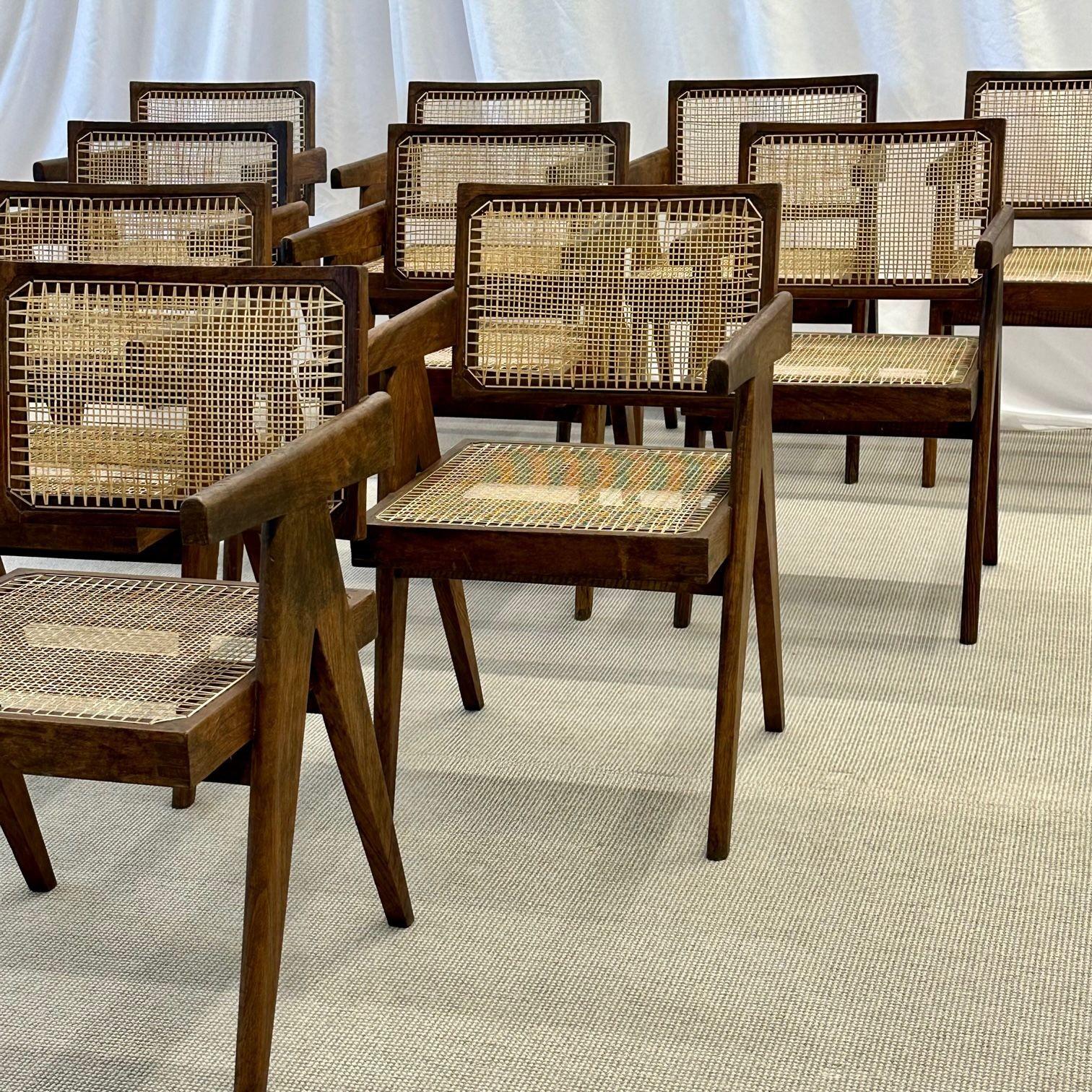 Indian  French Mid-Century, Ten Floating Back Dining Chairs, Teak, Cane