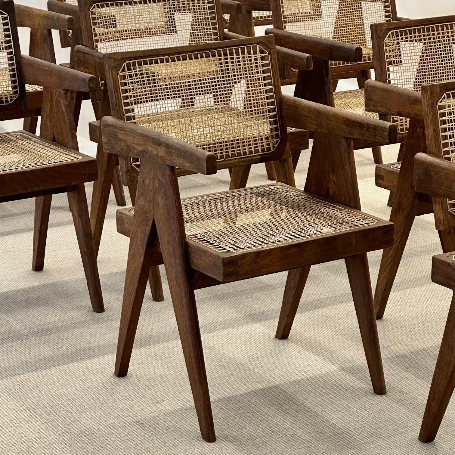  French Mid-Century, Ten Floating Back Dining Chairs, Teak, Cane In Good Condition In Stamford, CT