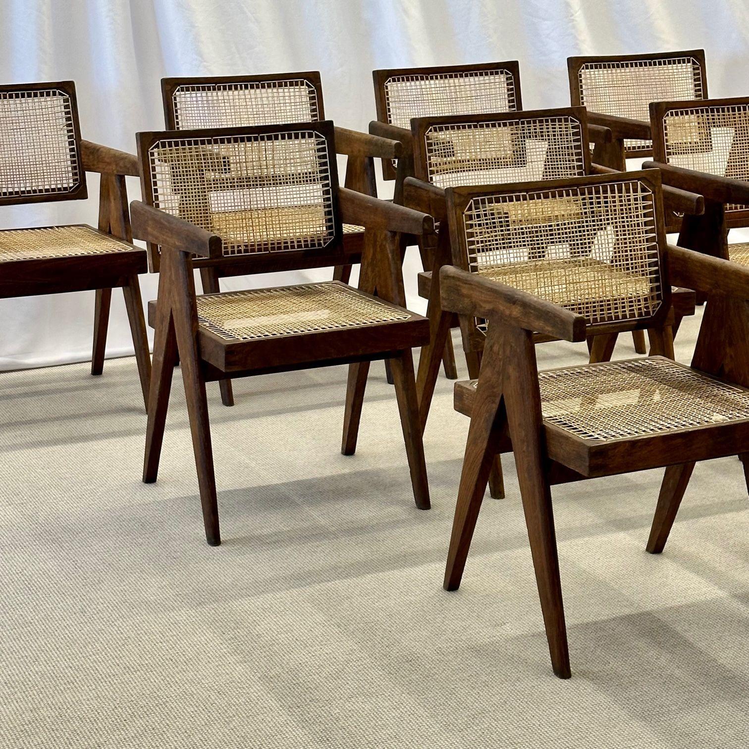 Mid-20th Century  French Mid-Century, Ten Floating Back Dining Chairs, Teak, Cane