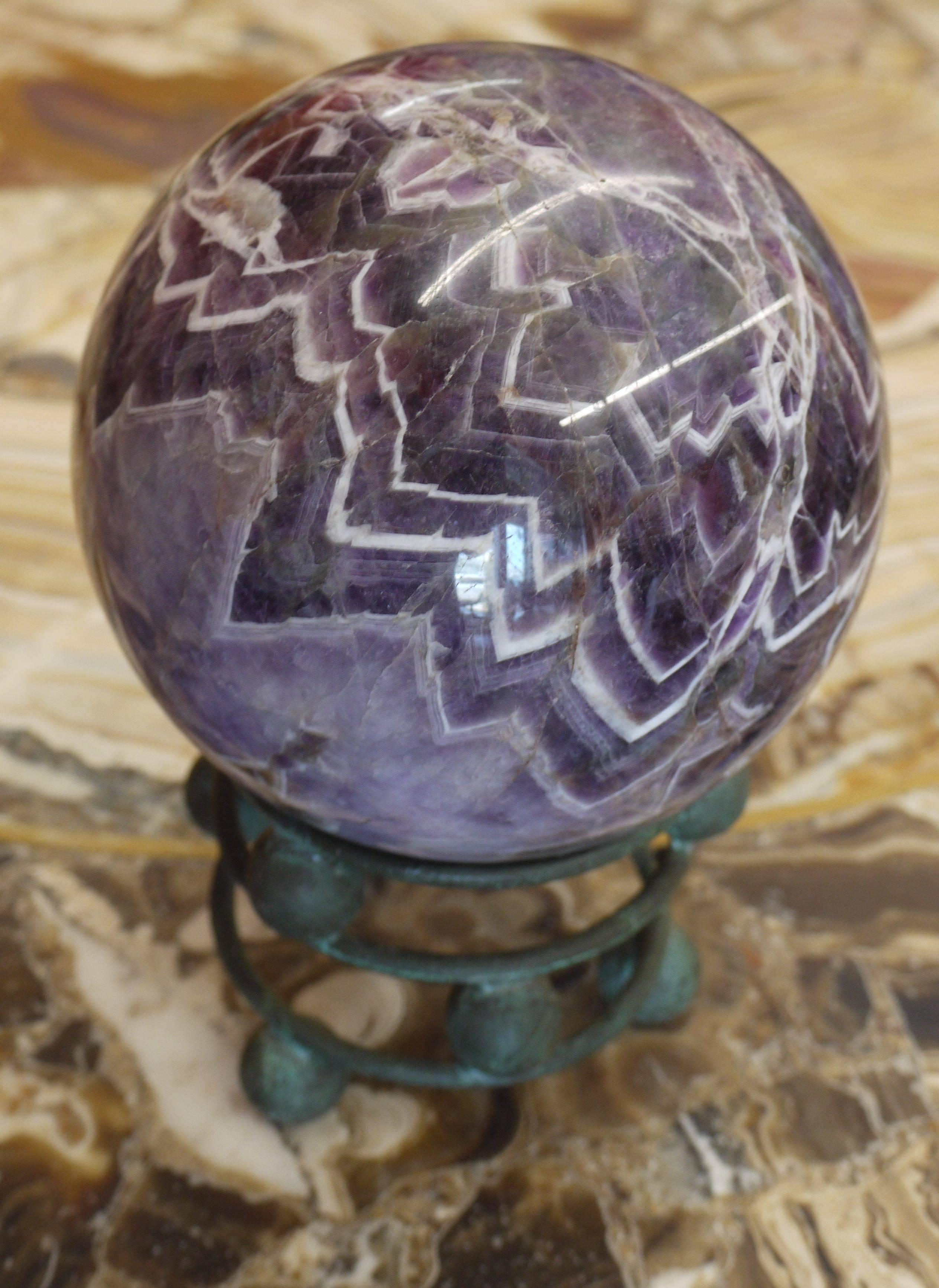 Carved 10 Pound Amethyst Sphere on Vintage Bronze Stand