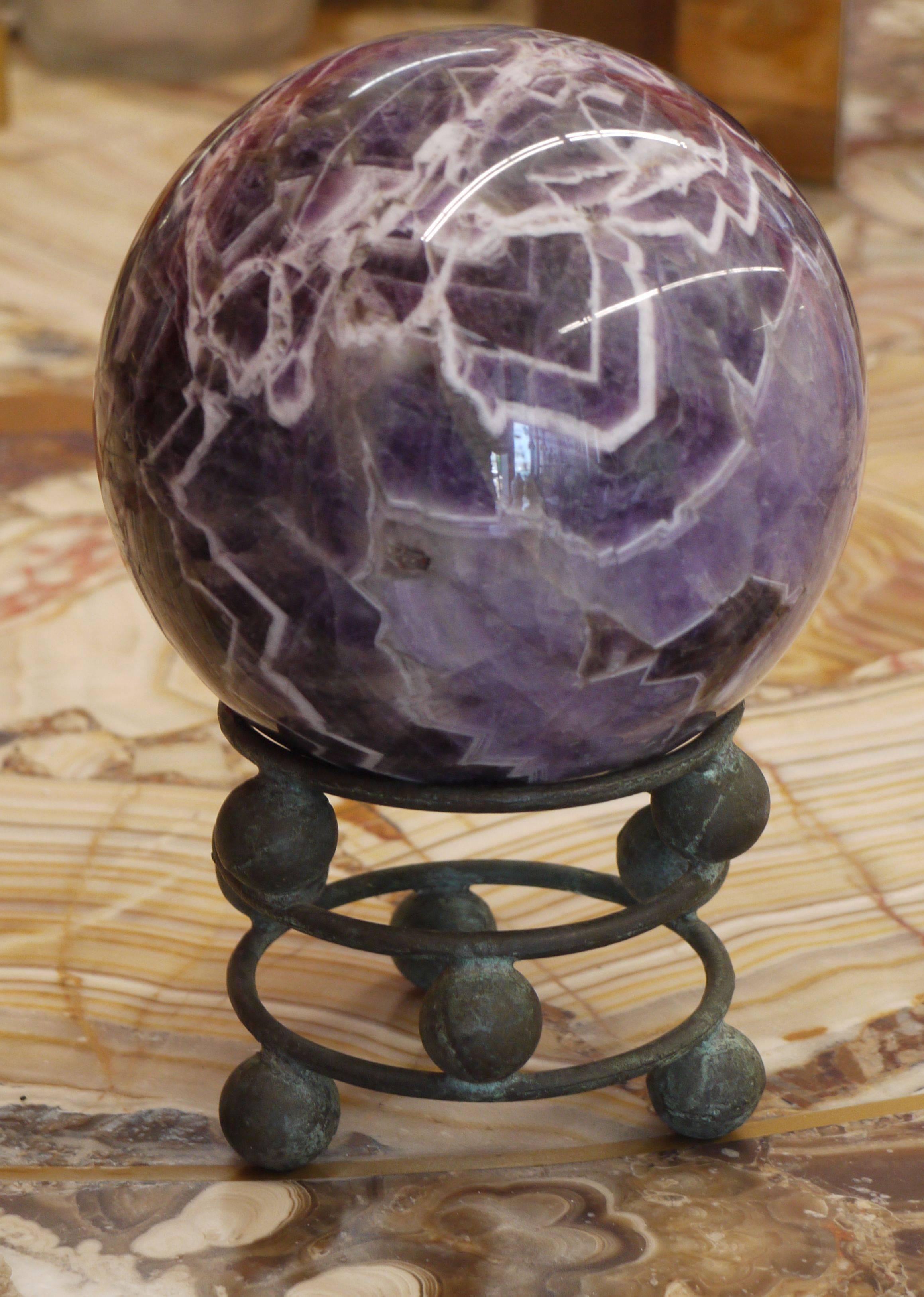 10 Pound Amethyst Sphere on Vintage Bronze Stand In Excellent Condition In Kilmarnock, VA
