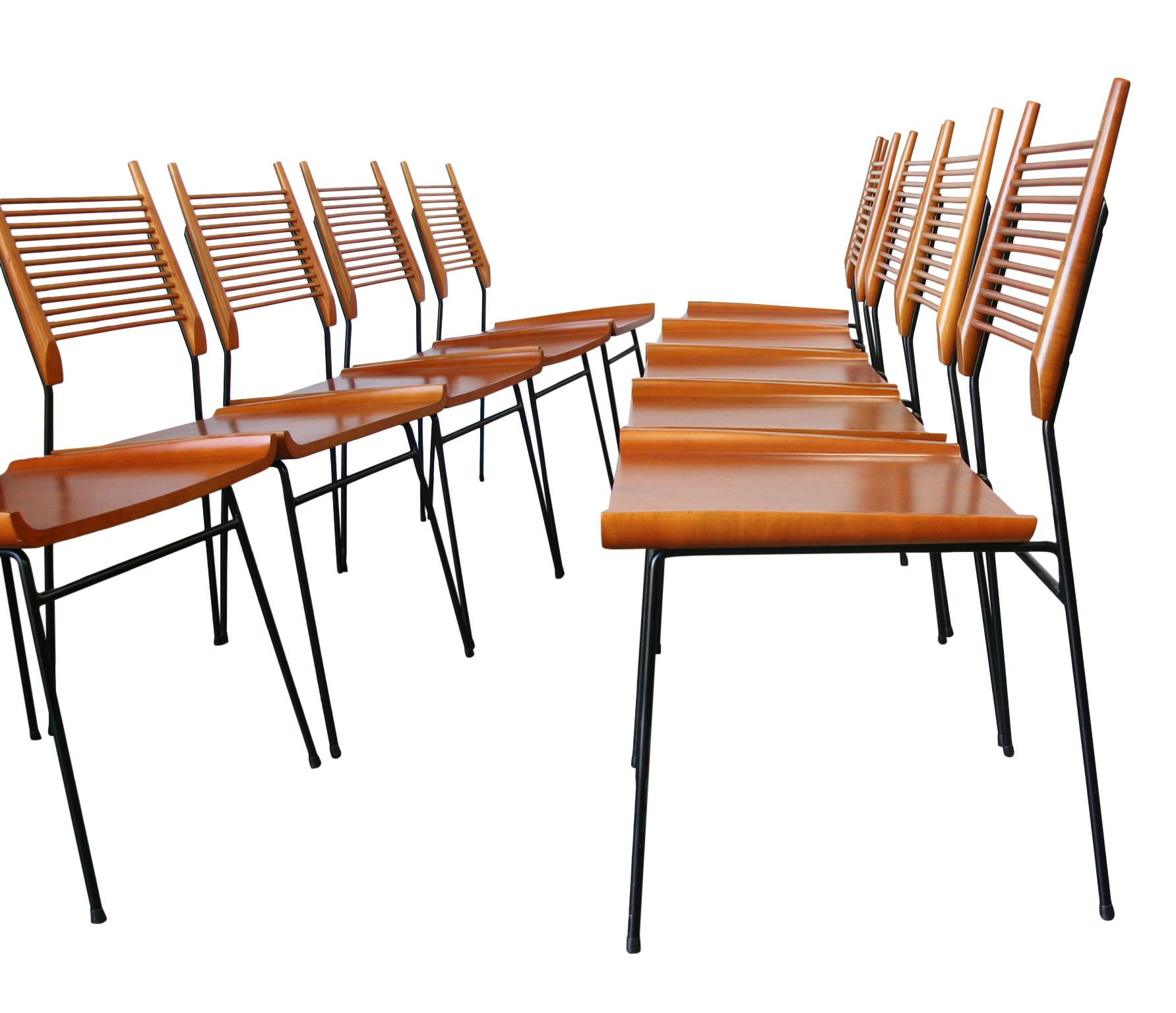 For your consideration are these professionally restored midcentury maple and iron Paul McCobb Planner Group #1533 shovel side dining chairs. Solid maple seat and Minimalist spindle backrest attached to an Iron base. Each chair is fully restored