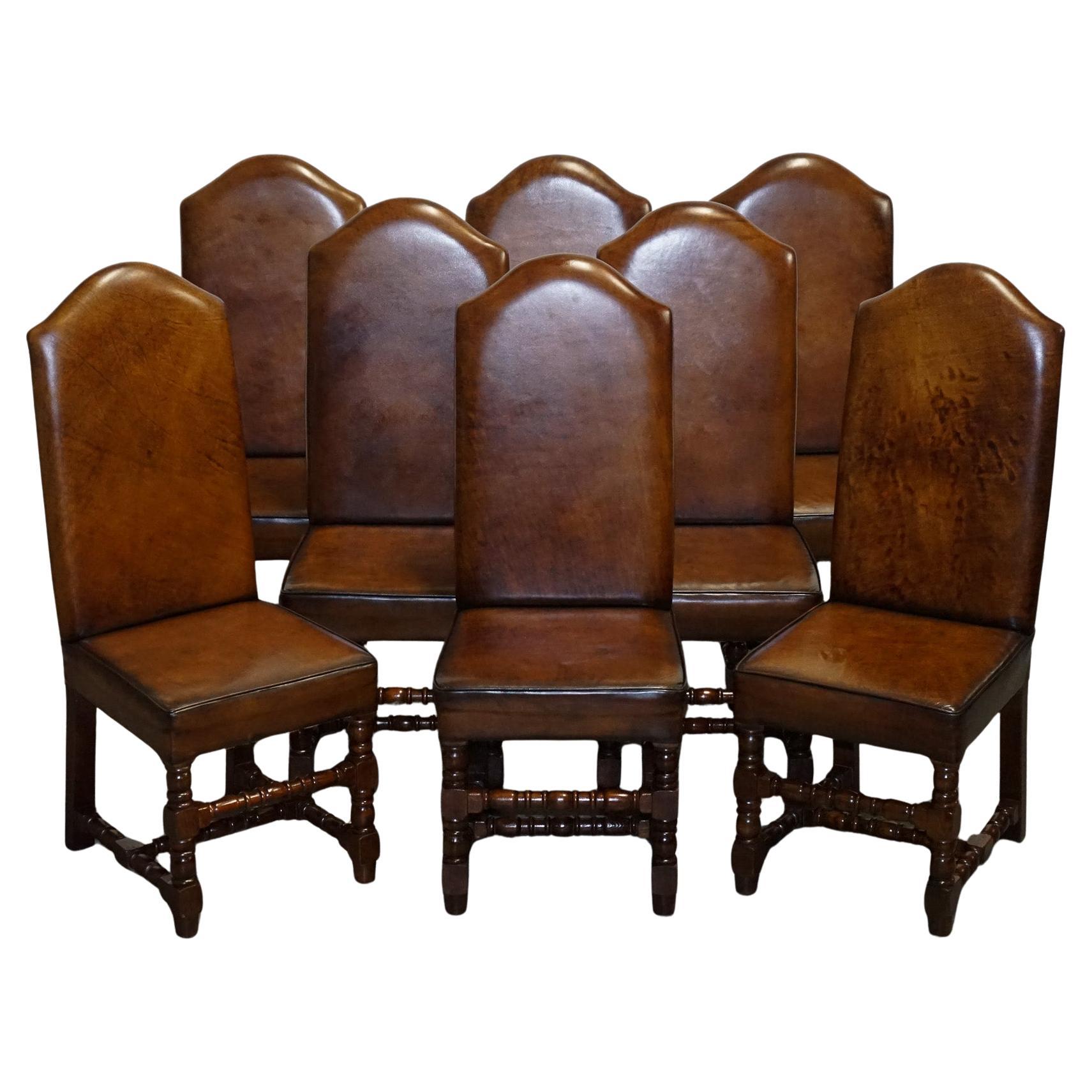 10 RESTORED CROMWELLIAN HAND DYED WHISKEY BROWN LEATHER DINING CHAiRS