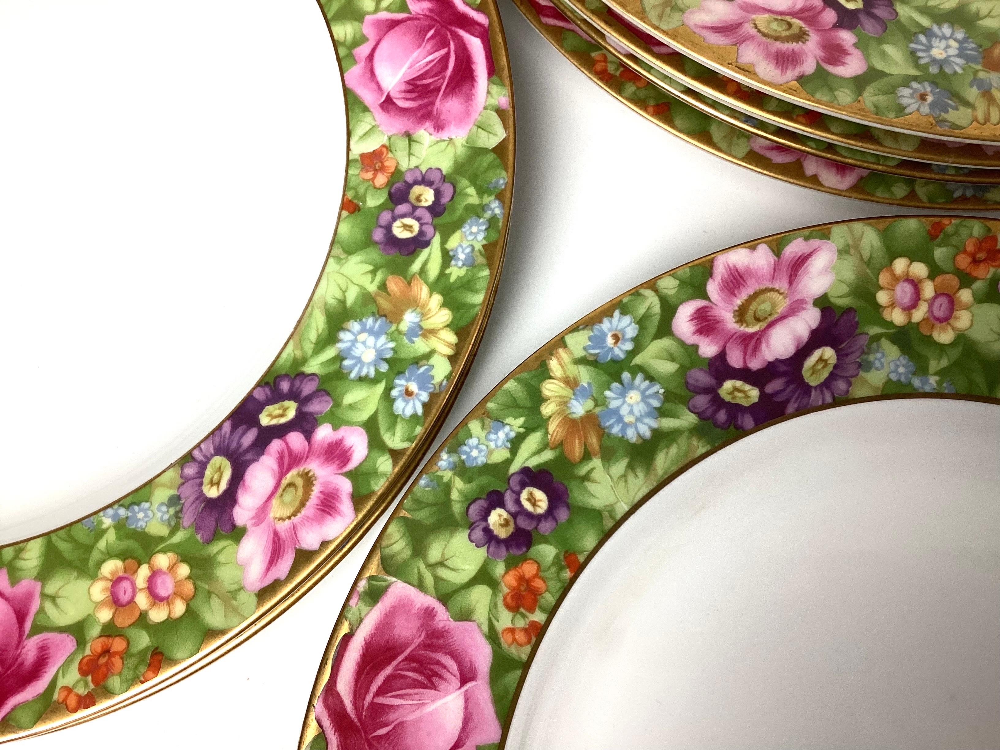 20ième siècle 10 assiettes plates Rosenthal Bavaria rose à fleurs avec bord décoratif en or en vente