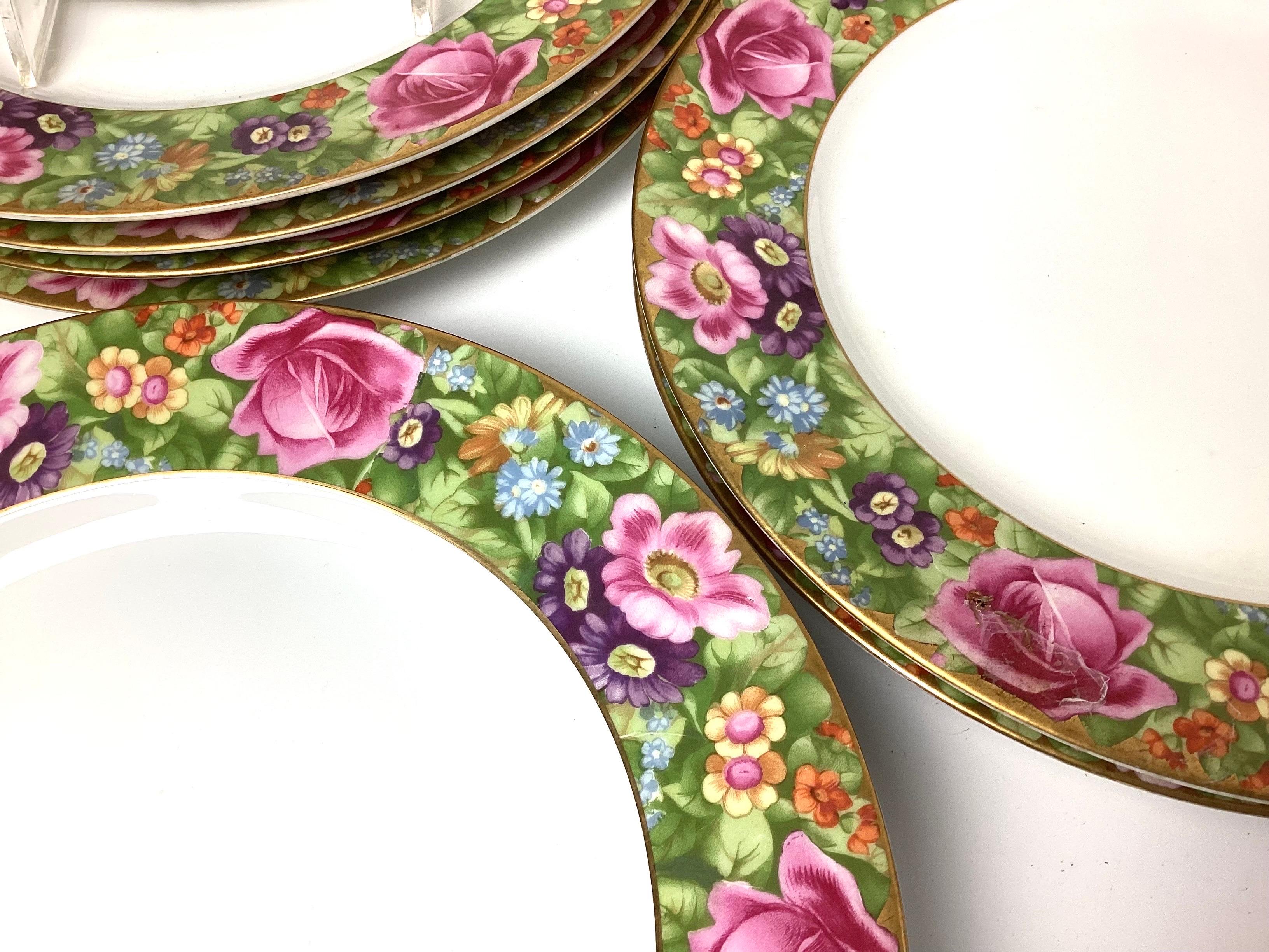 Porcelaine 10 assiettes plates Rosenthal Bavaria rose à fleurs avec bord décoratif en or en vente