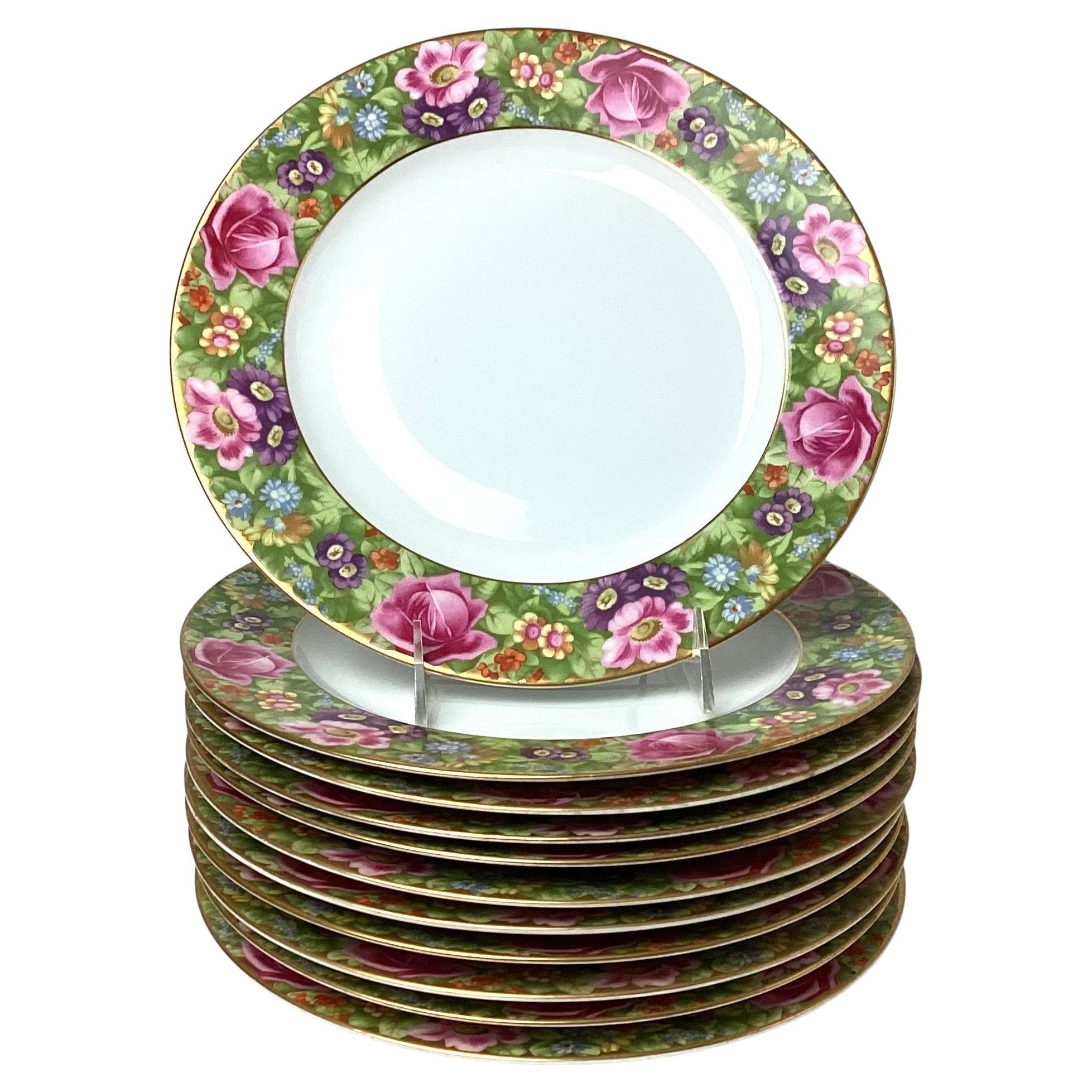 10 Rosenthal Bavaria Pink Rose Floral with Gold Decorative Edge Dinner Plates For Sale