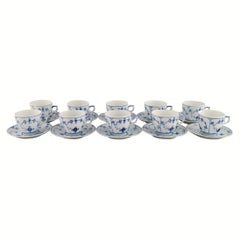10 Royal Copenhagen Blue Fluted Plain Coffee Cups with Saucers