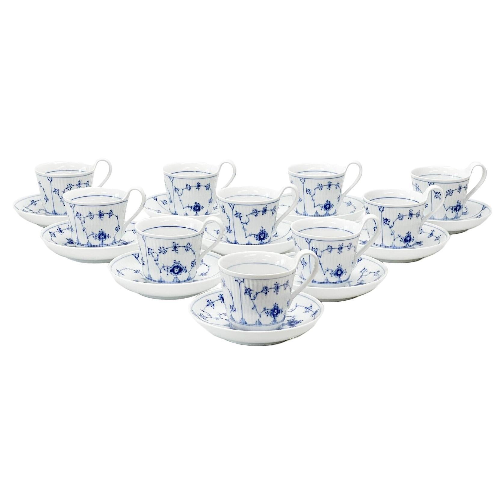  10 Royal Copenhagen Denmark Porcelain Cups & Saucers Blue Fluted #093 / #094 For Sale