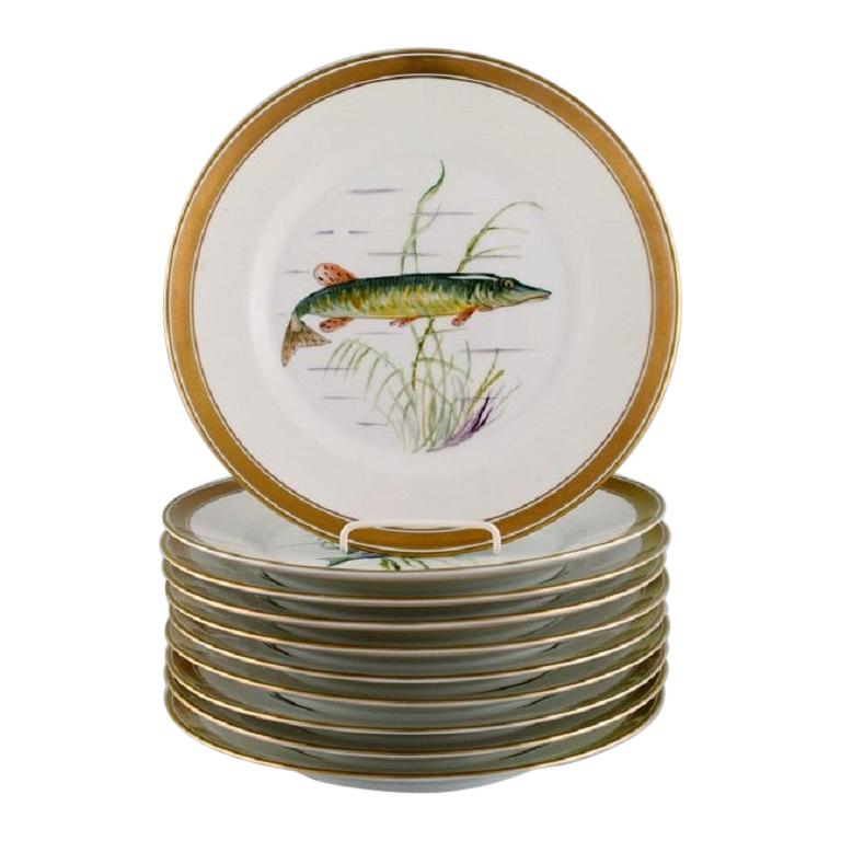 10 Royal Copenhagen Porcelain Fish Plates with Hand-Painted Fish Motifs For Sale