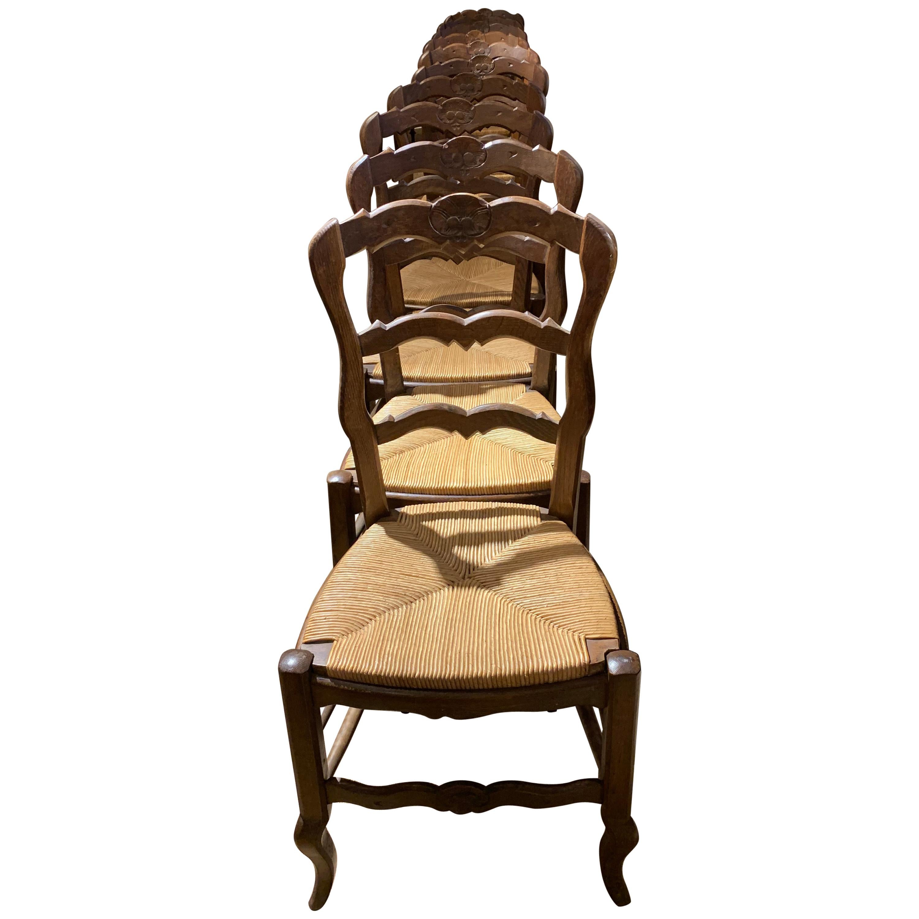 10 Rush Seated Oak Dining Chairs For Sale