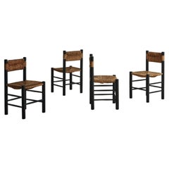 10 Rush + Wood Dining Chairs in the Style of Charlotte Perriand, France 1950s