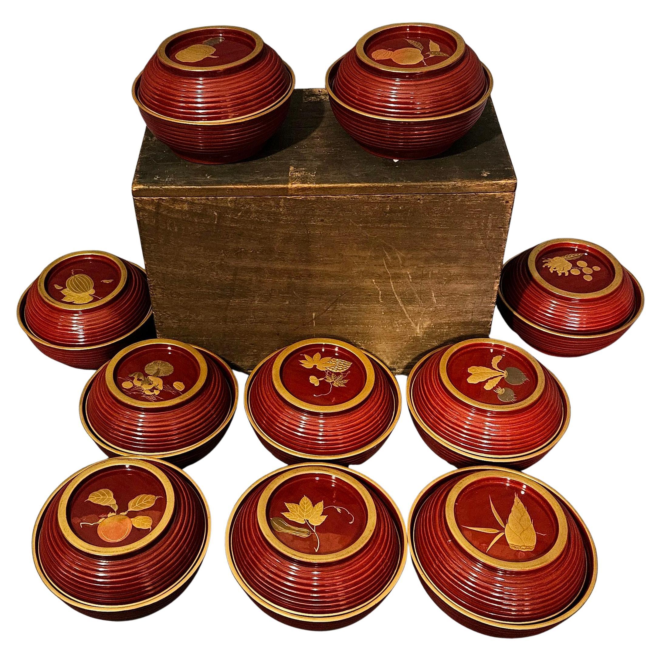 10 Sets of Japanese Gilt Rice Lacquer Bowls w/ Covers, 19 Century