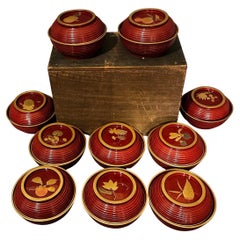 Antique 10 Sets of Japanese Gilt Rice Lacquer Bowls w/ Covers, 19 Century