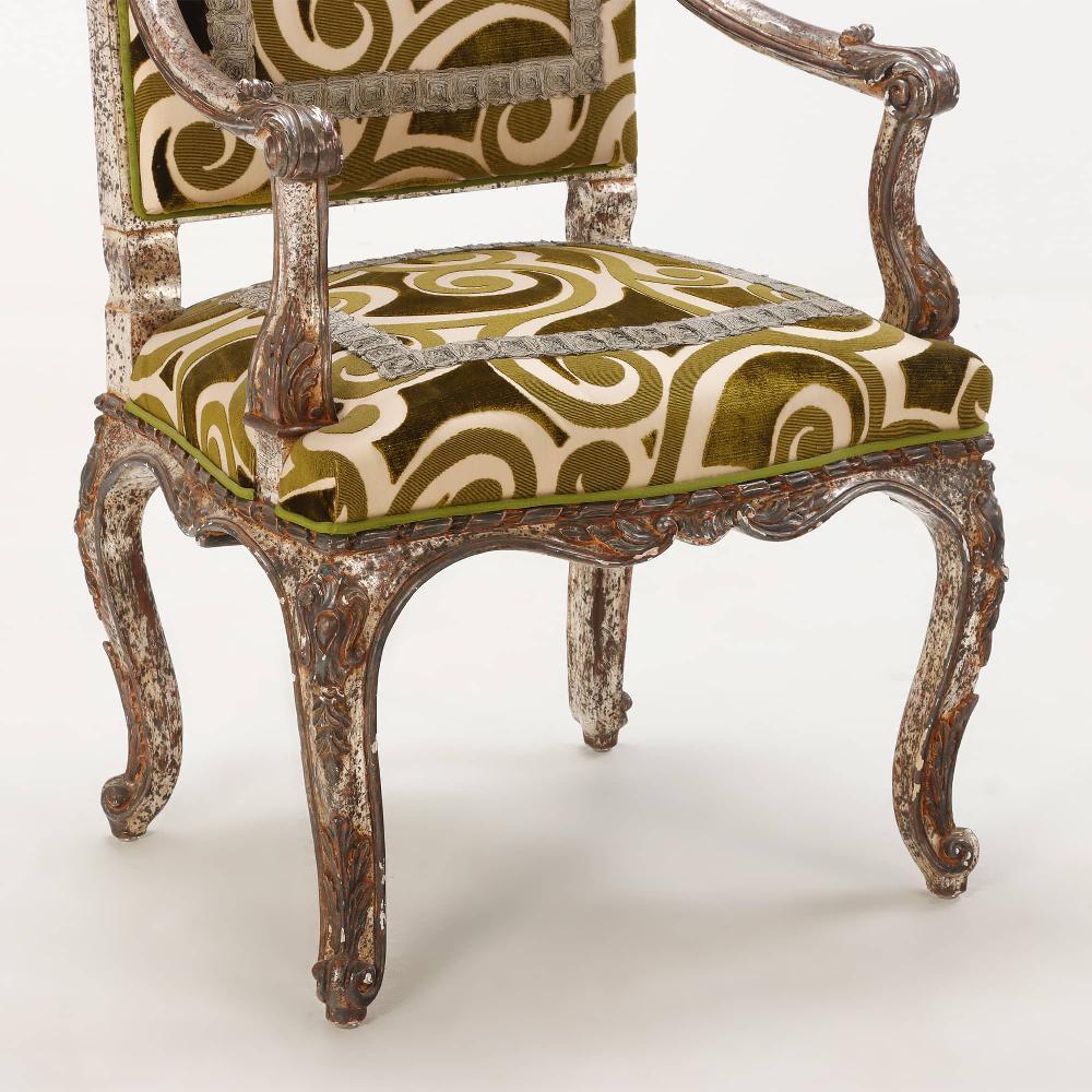 10 silver leaf open armchairs having hand carved frames. Priced Individually.  In Good Condition For Sale In Philadelphia, PA