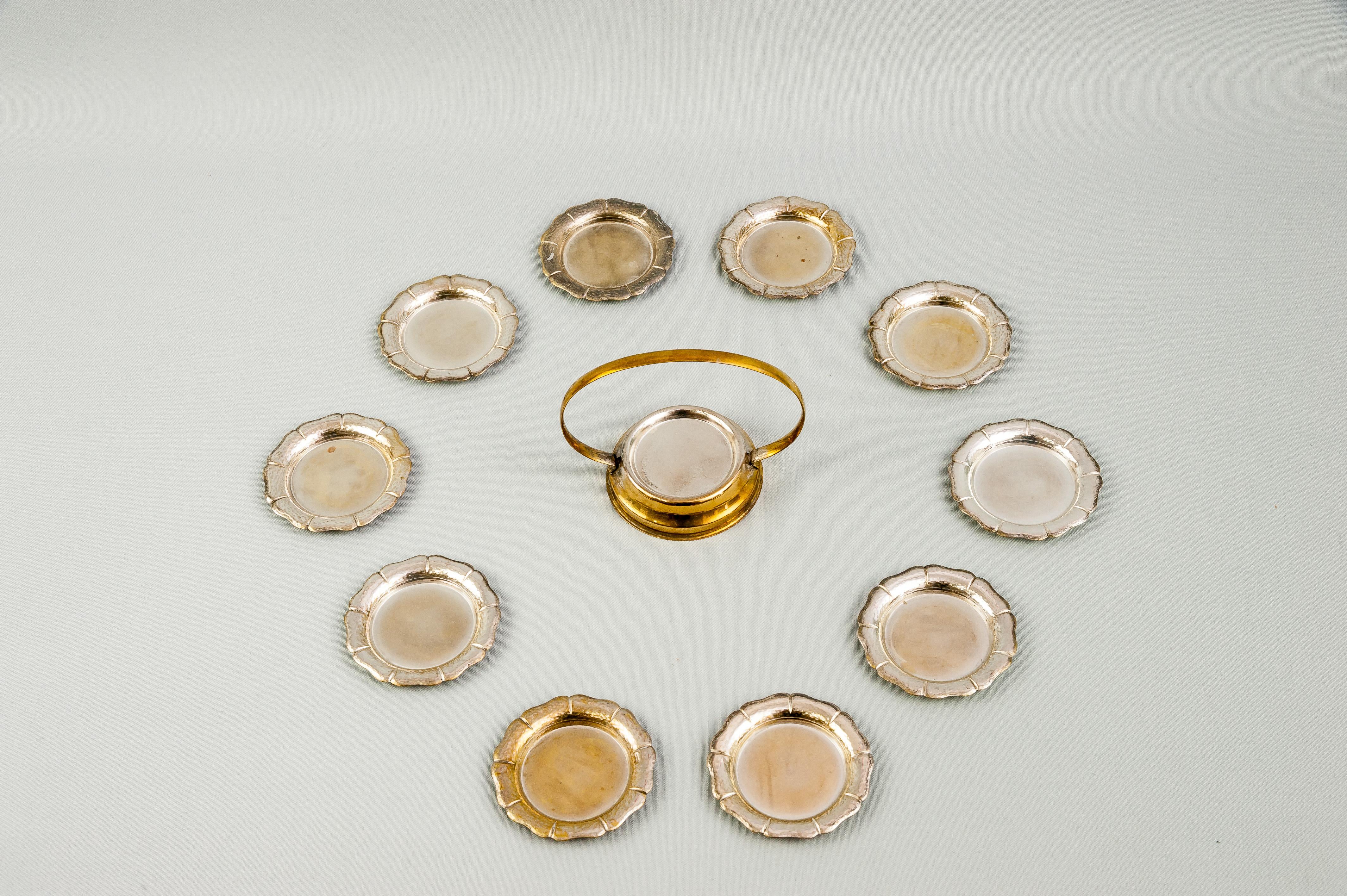 Brass 10 Silvered Coasters with Holder Art Deco, 1920s